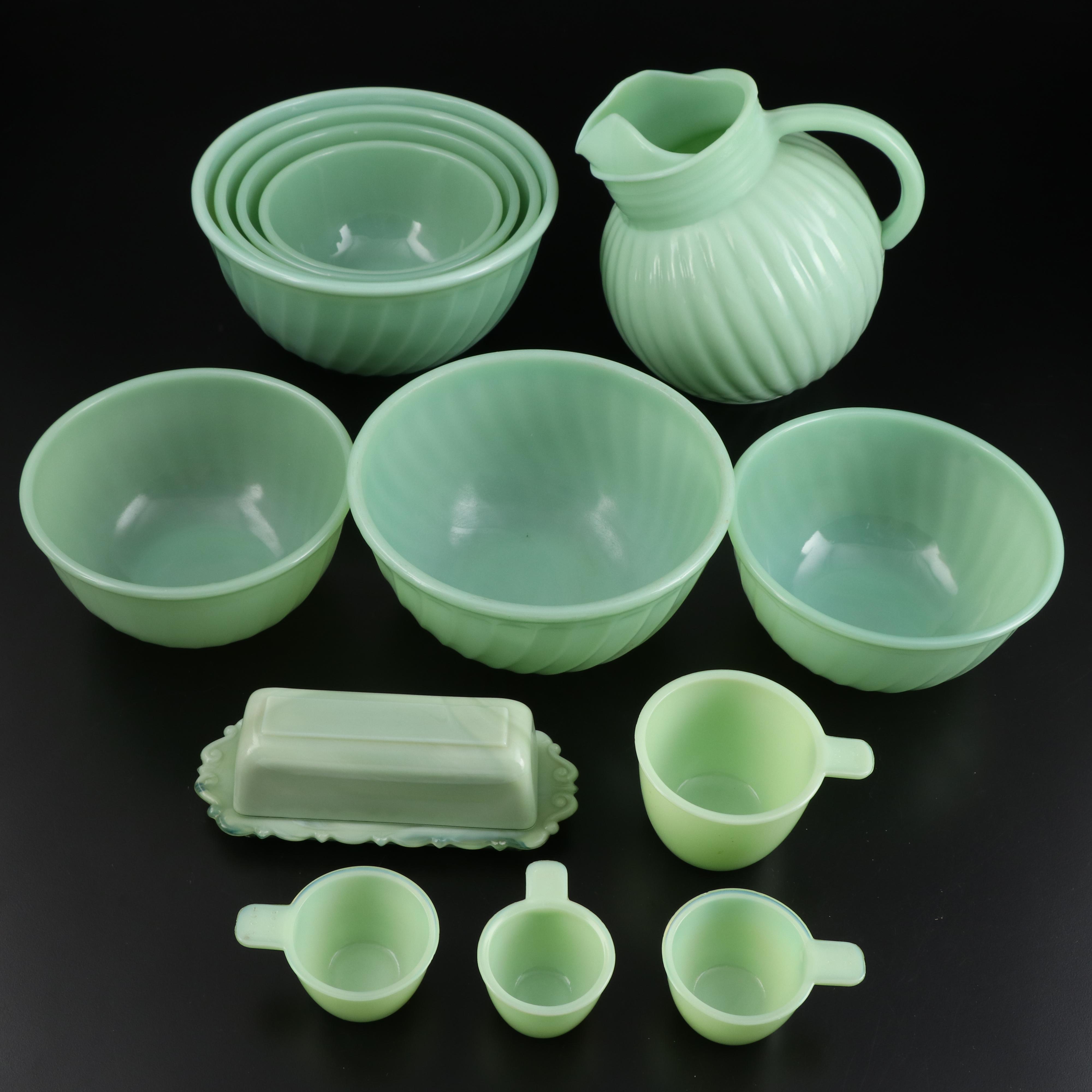 Jeanette Uranium Glass Jadeite Measuring Cups and Other Jadeite Serveware