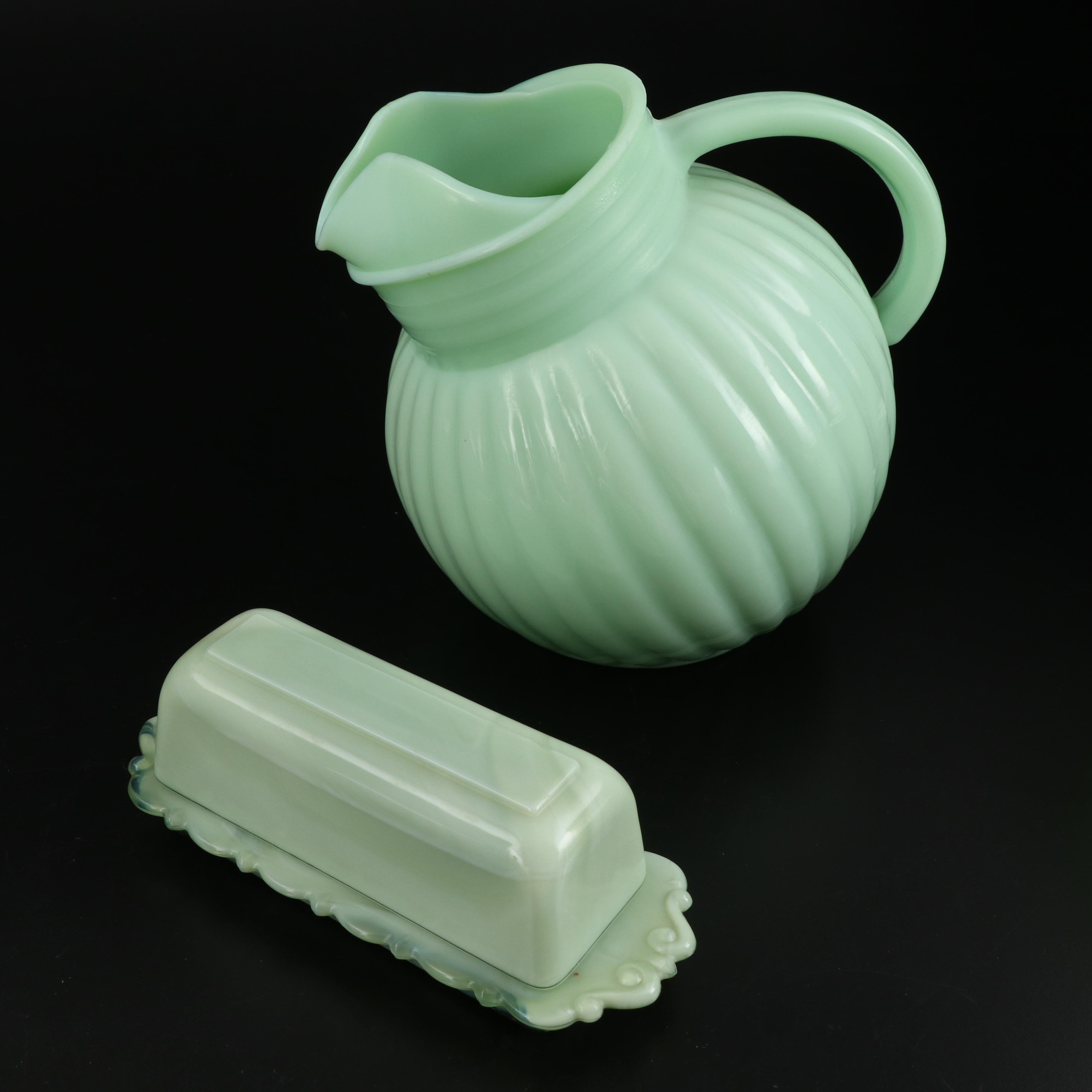 Jeanette Uranium Glass Jadeite Measuring Cups and Other Jadeite Serveware