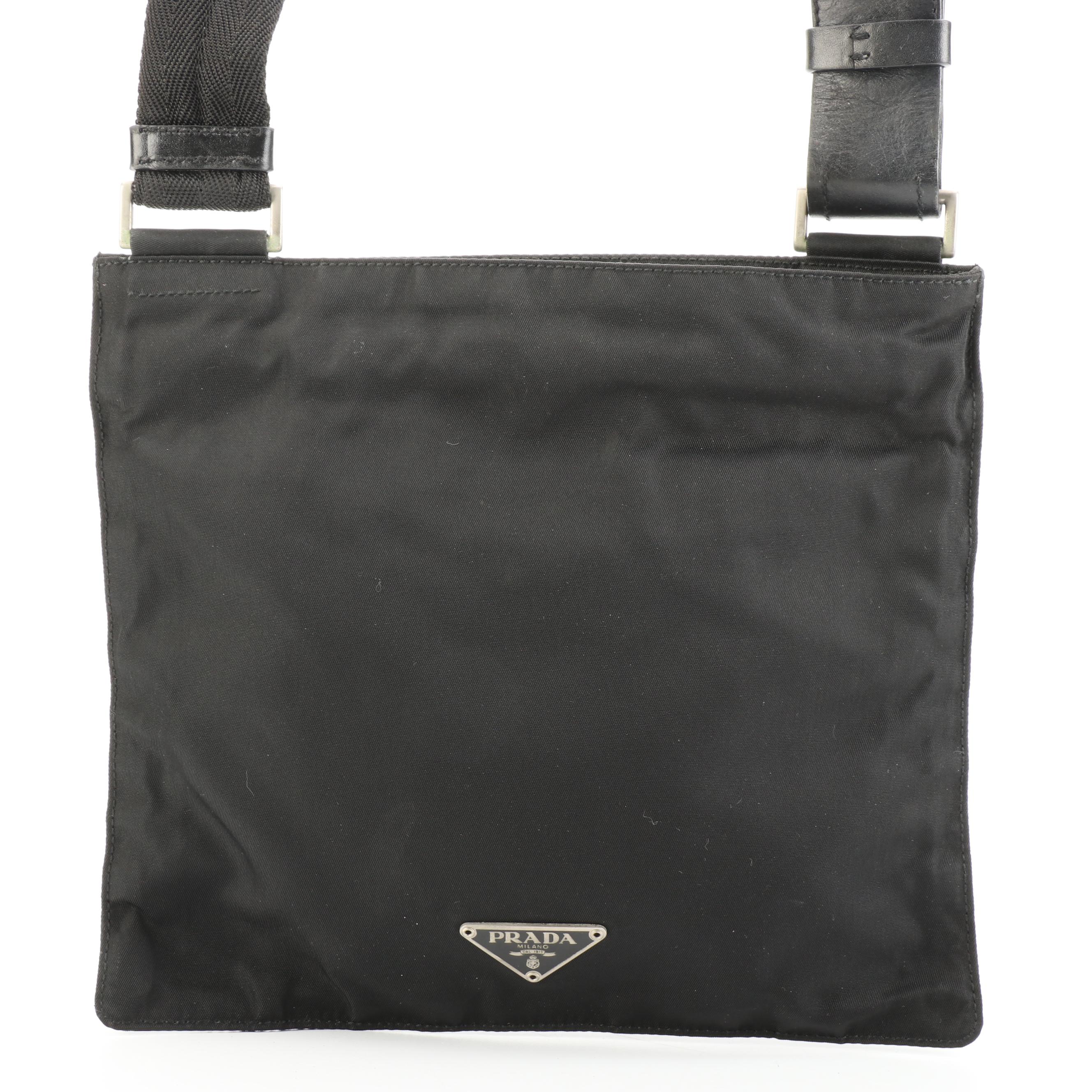 Prada Small Flat Crossbody Bag in Black Tessuto Nylon and Leather