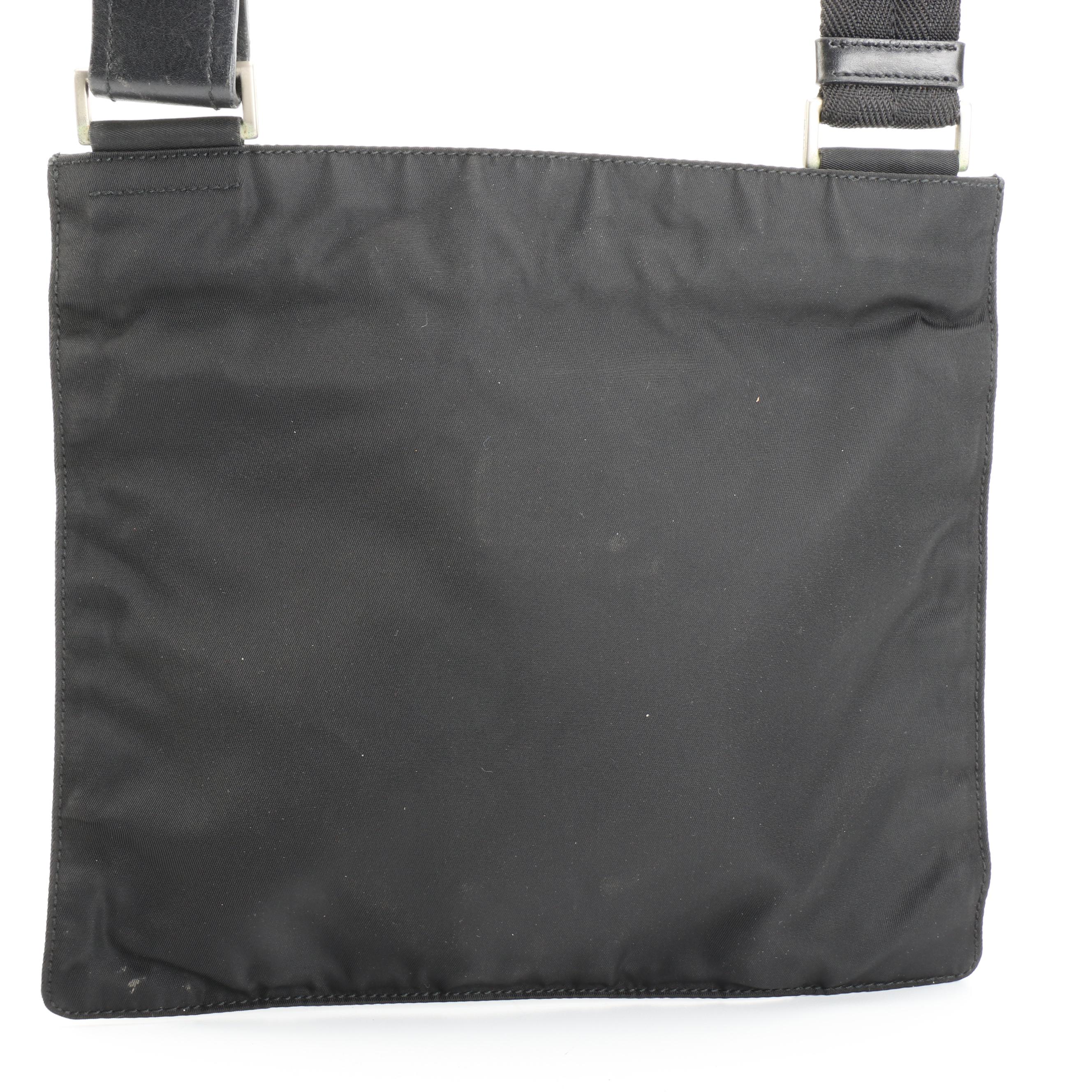 Prada Small Flat Crossbody Bag in Black Tessuto Nylon and Leather