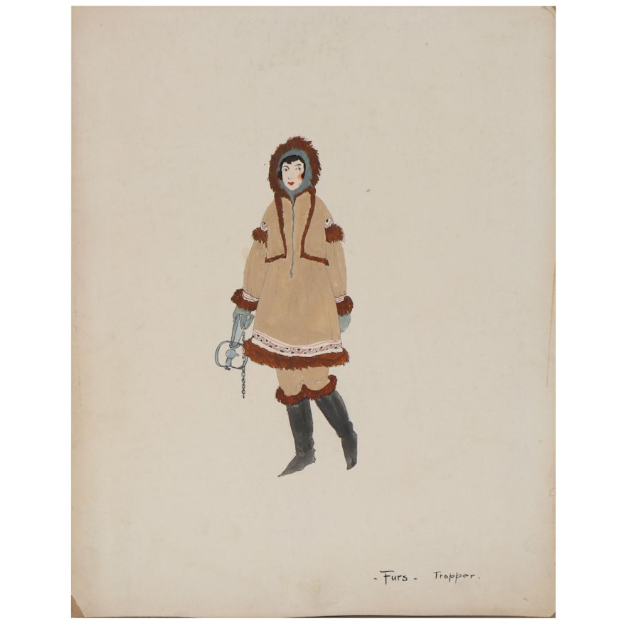 Gouache Illustration "Furs - Trapper," Mid-20th Century