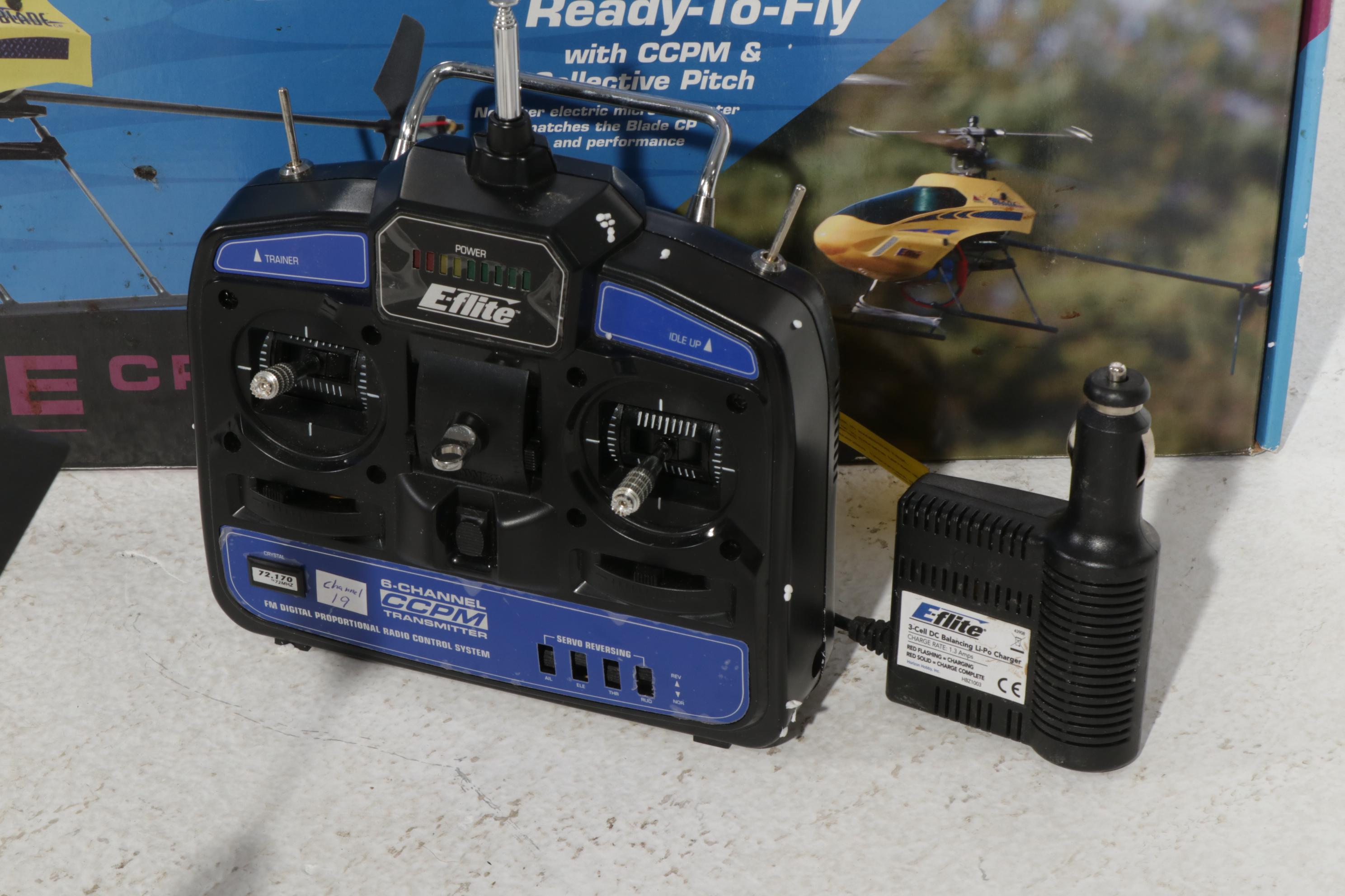 Two E-Flite Blade MCX and Blade CP RC Helicopters and Estes Rocket Race Set