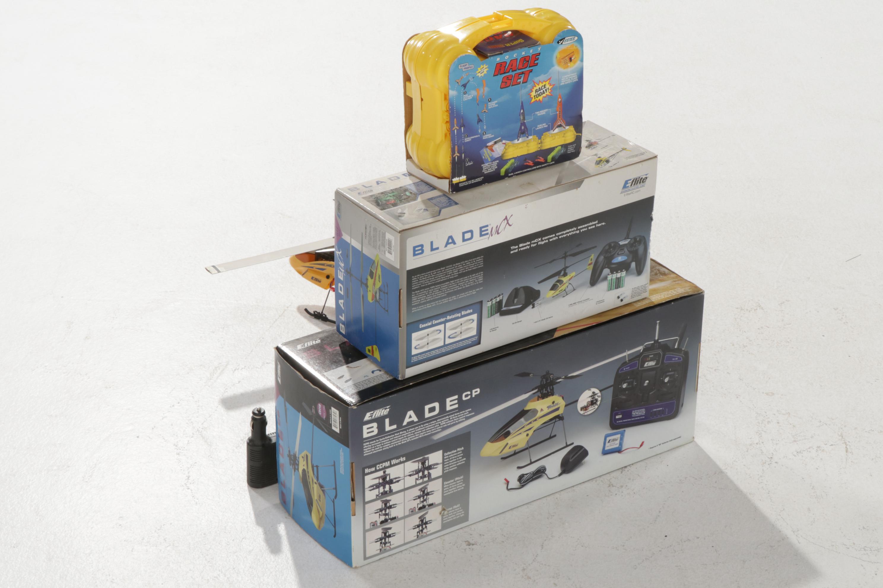 Two E-Flite Blade MCX and Blade CP RC Helicopters and Estes Rocket Race Set