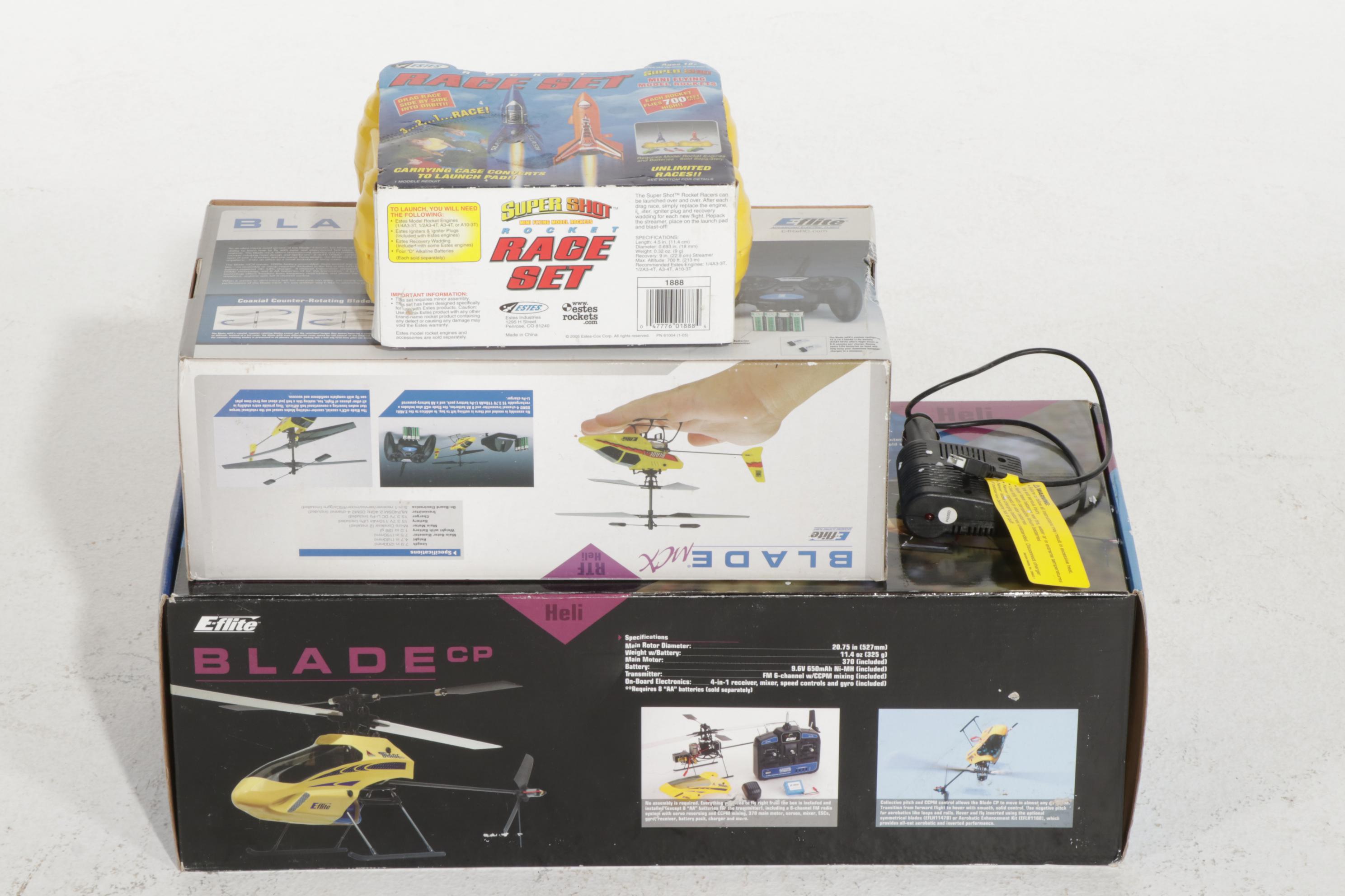 Two E-Flite Blade MCX and Blade CP RC Helicopters and Estes Rocket Race Set