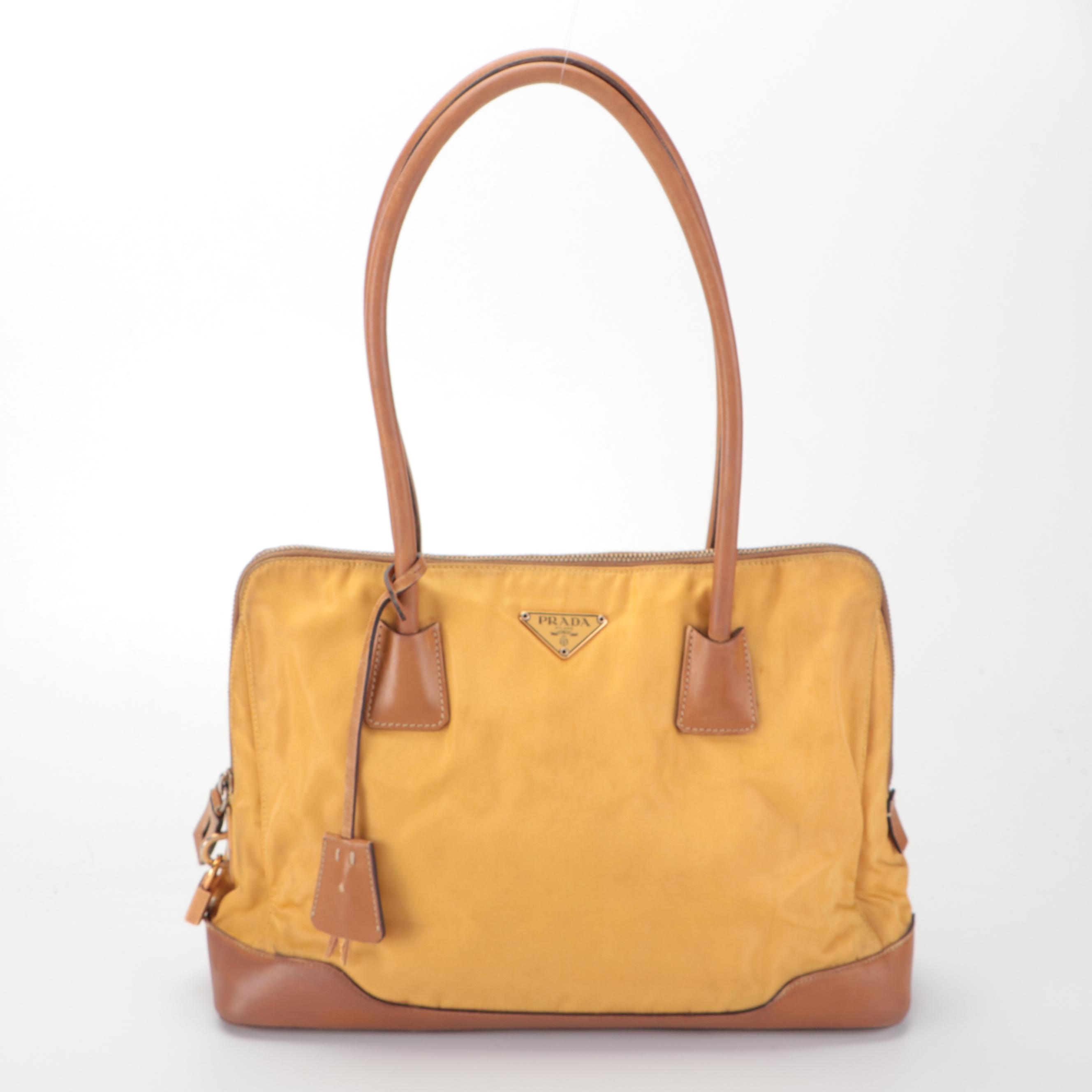 Prada Shoulder Bag in Golden Yellow Nylon Tessuto and Dark Tan Leather