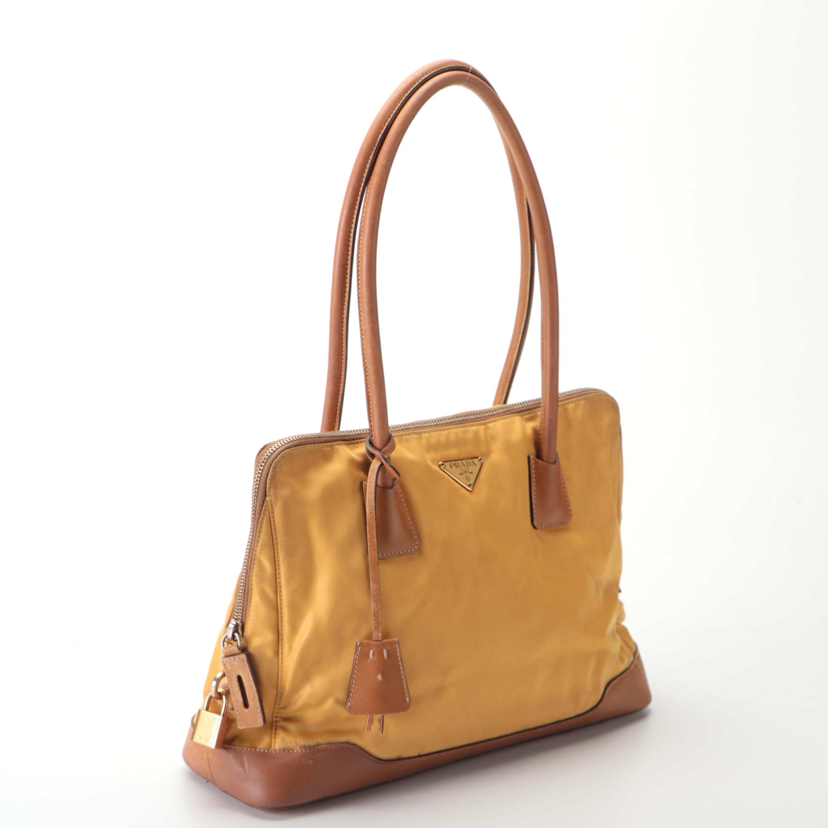Prada Shoulder Bag in Golden Yellow Nylon Tessuto and Dark Tan Leather
