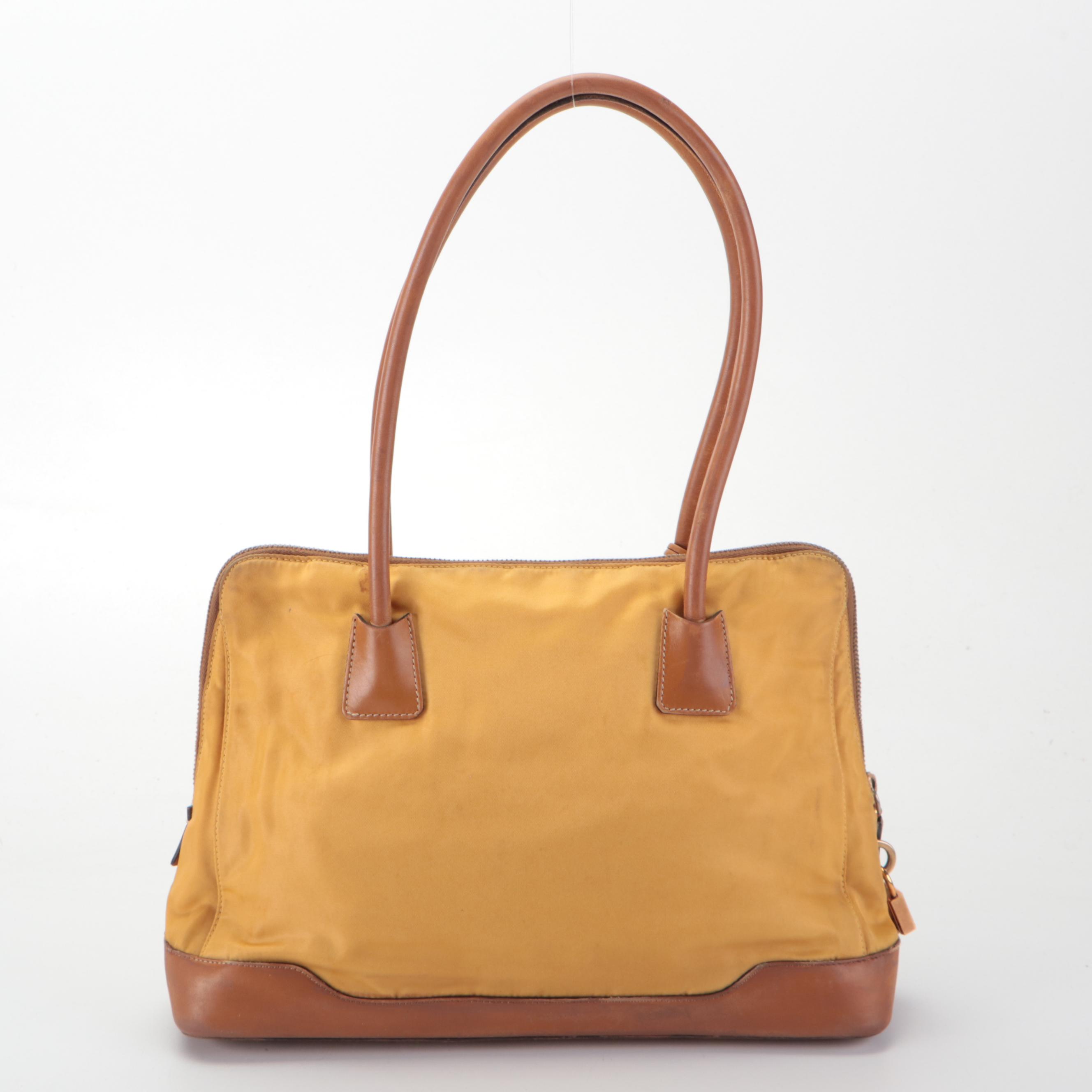Prada Shoulder Bag in Golden Yellow Nylon Tessuto and Dark Tan Leather