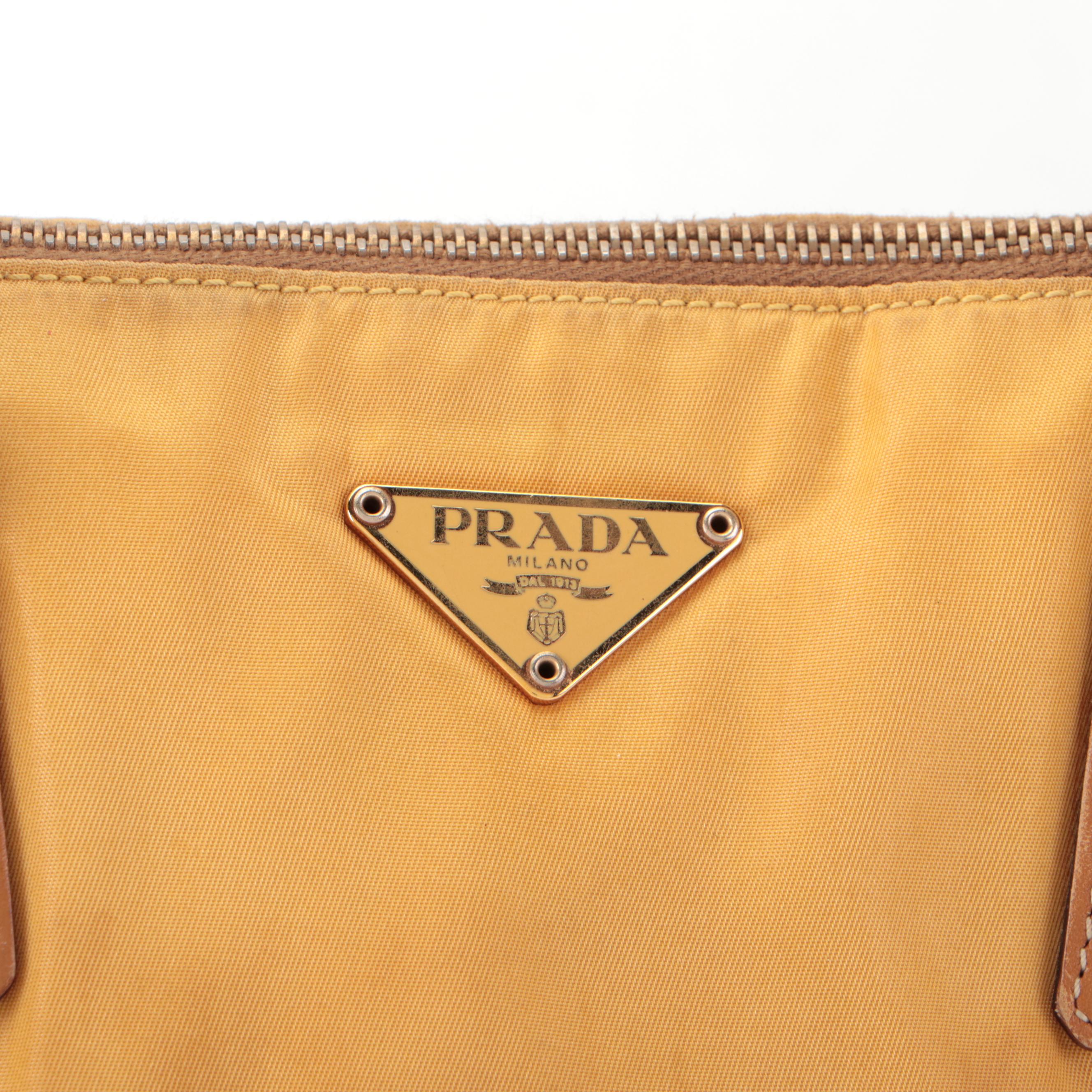 Prada Shoulder Bag in Golden Yellow Nylon Tessuto and Dark Tan Leather