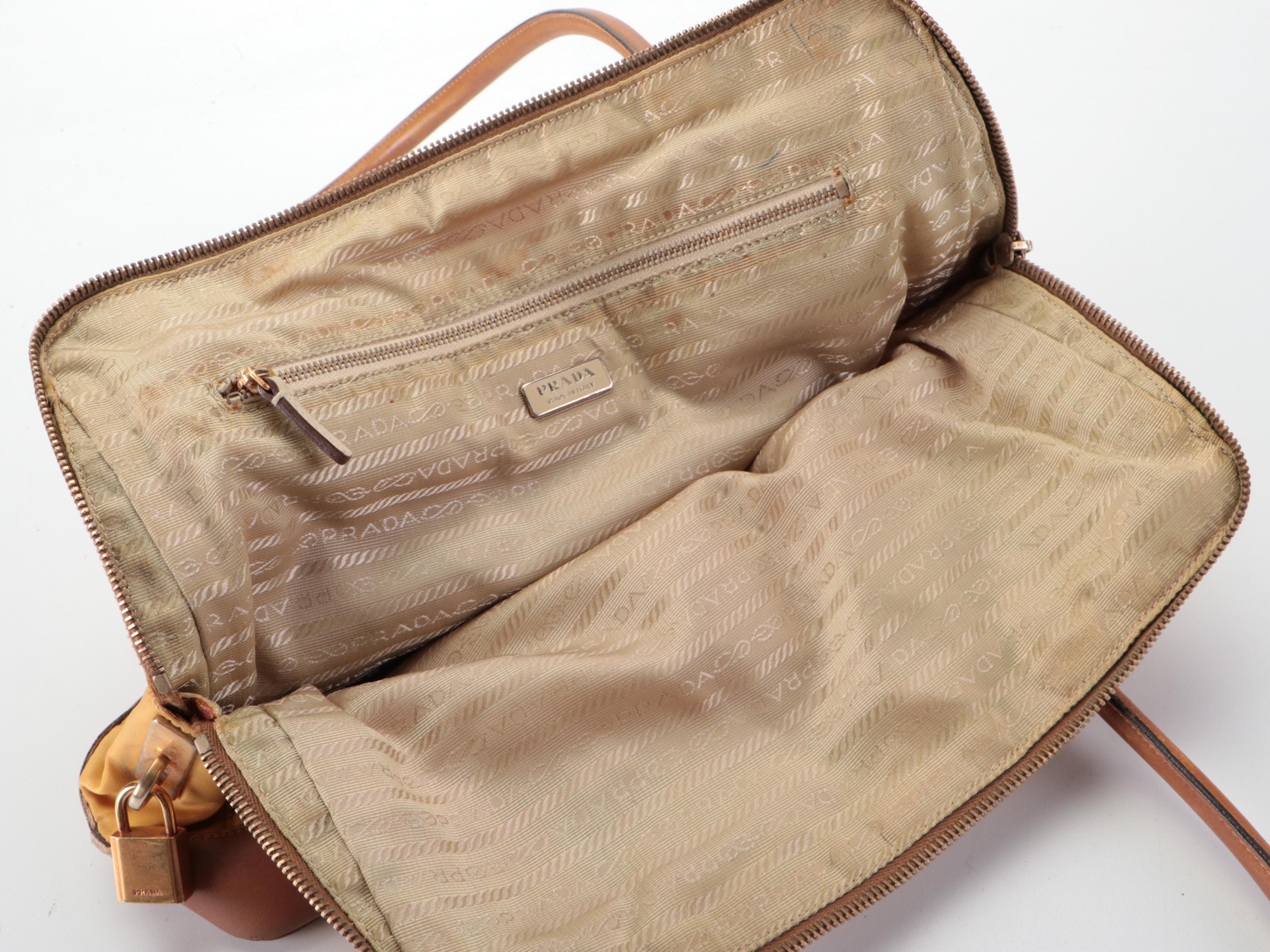 Prada Shoulder Bag in Golden Yellow Nylon Tessuto and Dark Tan Leather