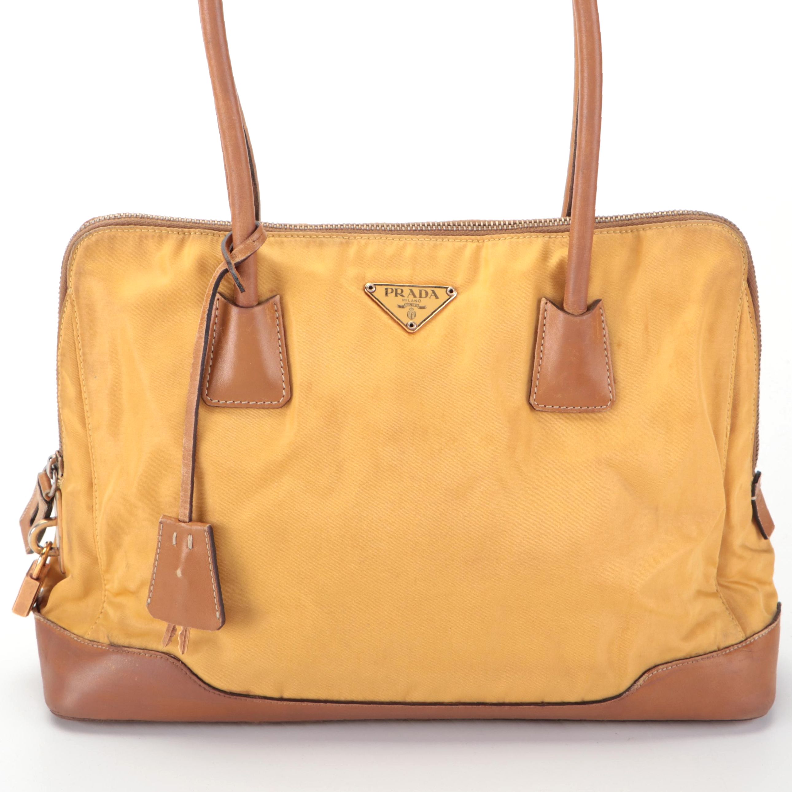 Prada Shoulder Bag in Golden Yellow Nylon Tessuto and Dark Tan Leather
