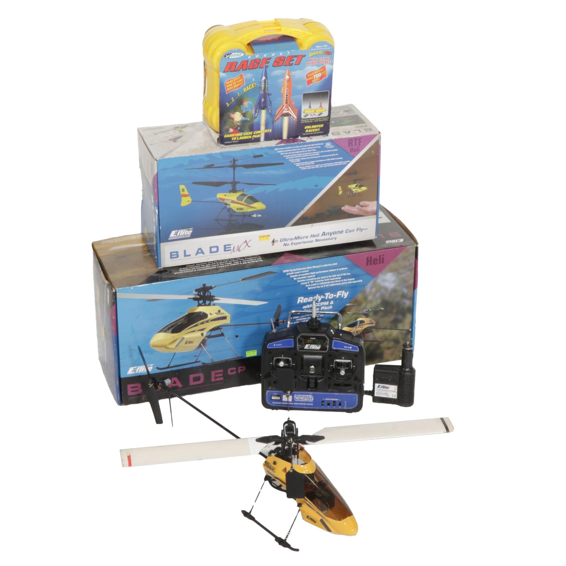 Two E-Flite Blade MCX and Blade CP RC Helicopters and Estes Rocket Race Set