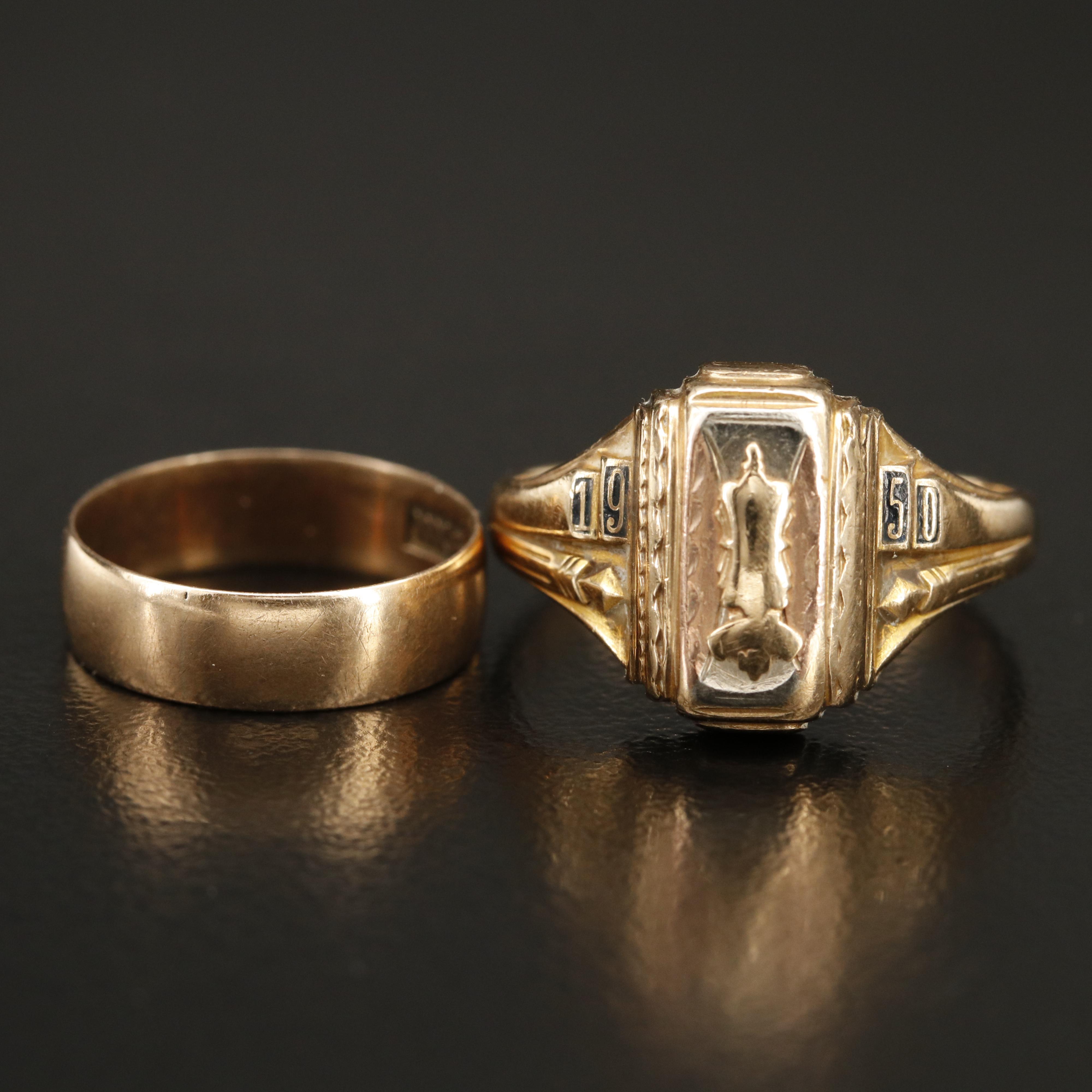 1950s 10K Enamel Class Ring and J.R. Wood & Sons Band