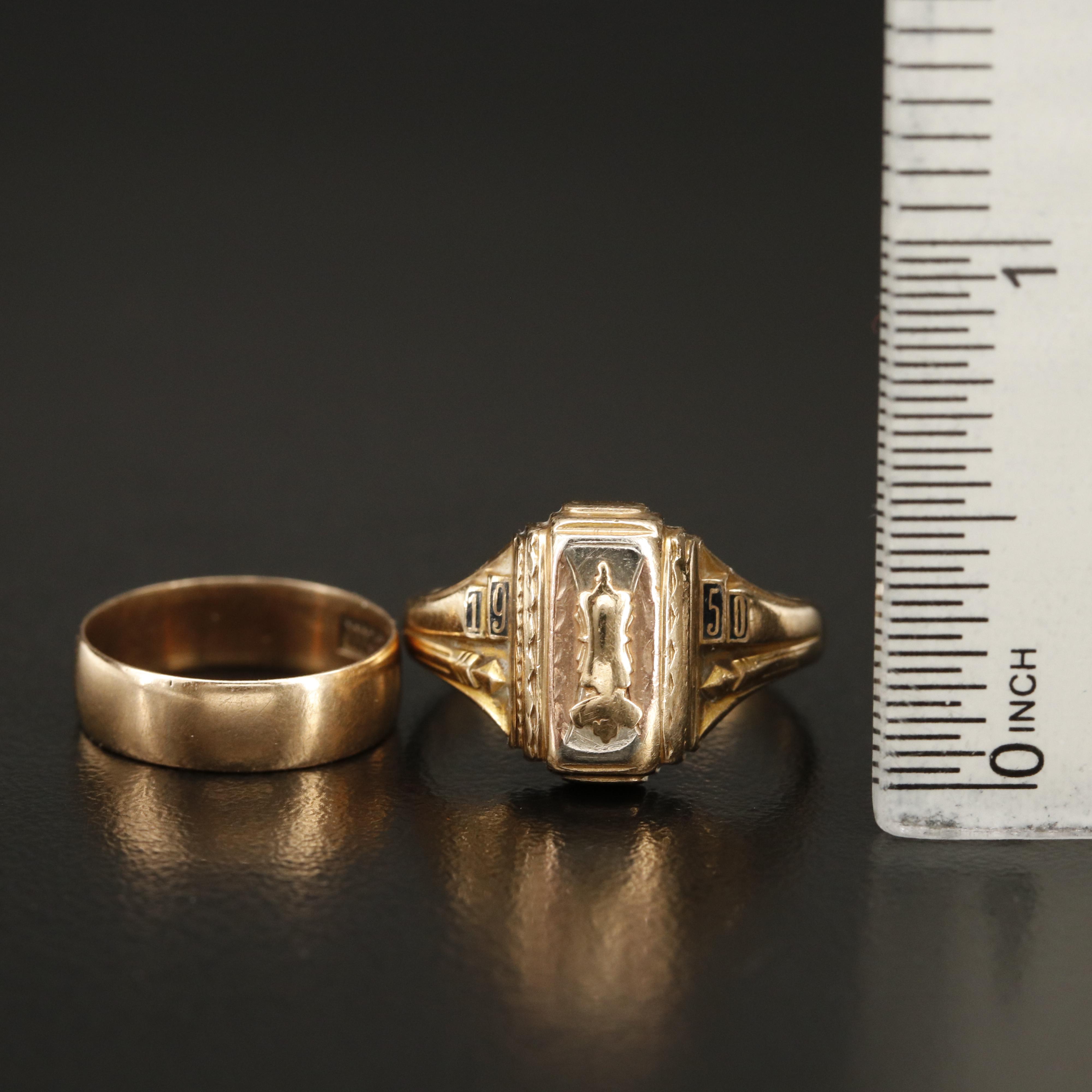 1950s 10K Enamel Class Ring and J.R. Wood & Sons Band