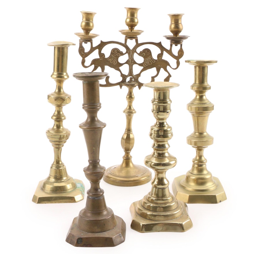 English Brass Beehive and Other Candlesticks with Lions of Judah Candelabra