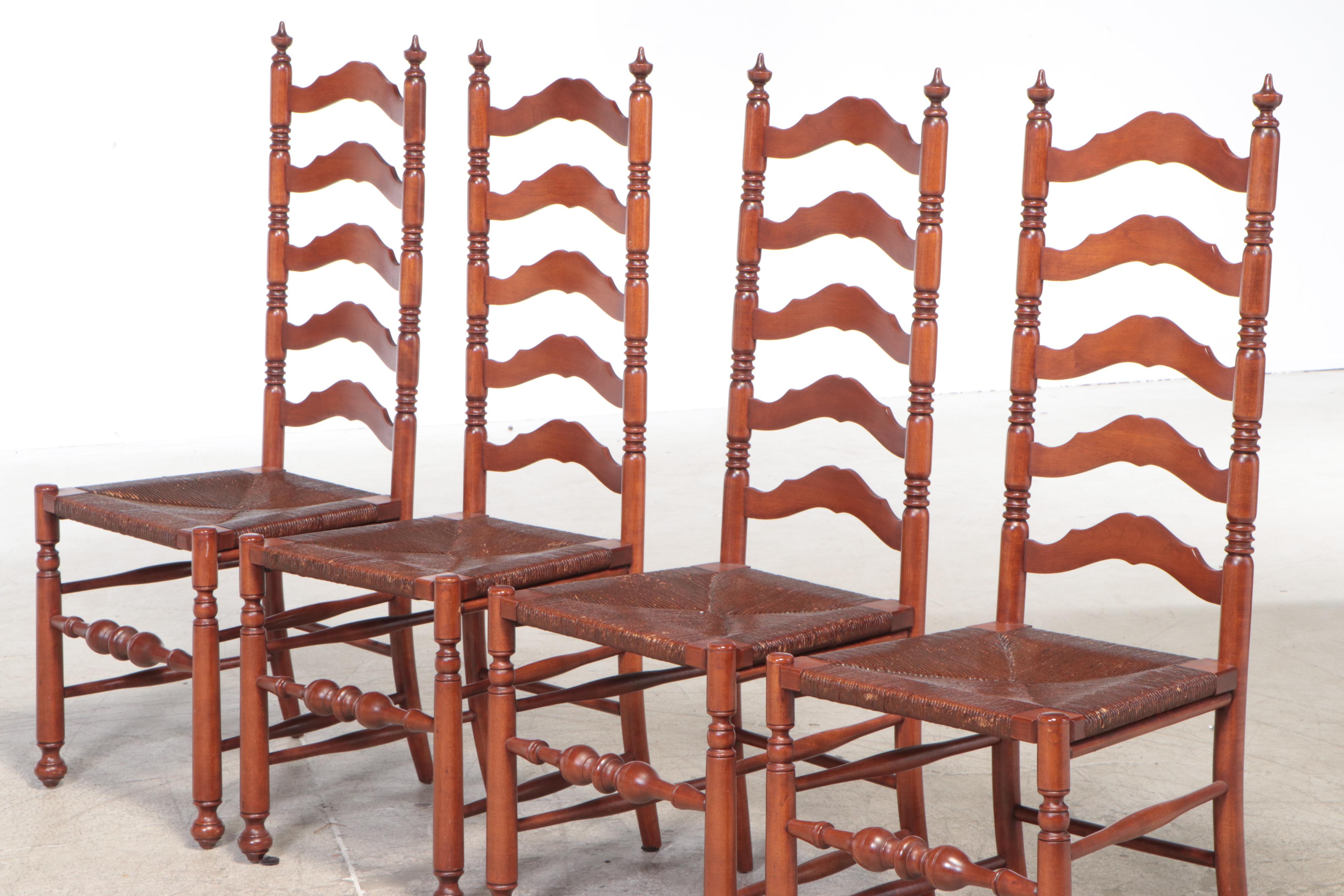 Heywood-Wakefield Cherry Ladder High-Back Rush Seat Dining Chairs, 20th Century
