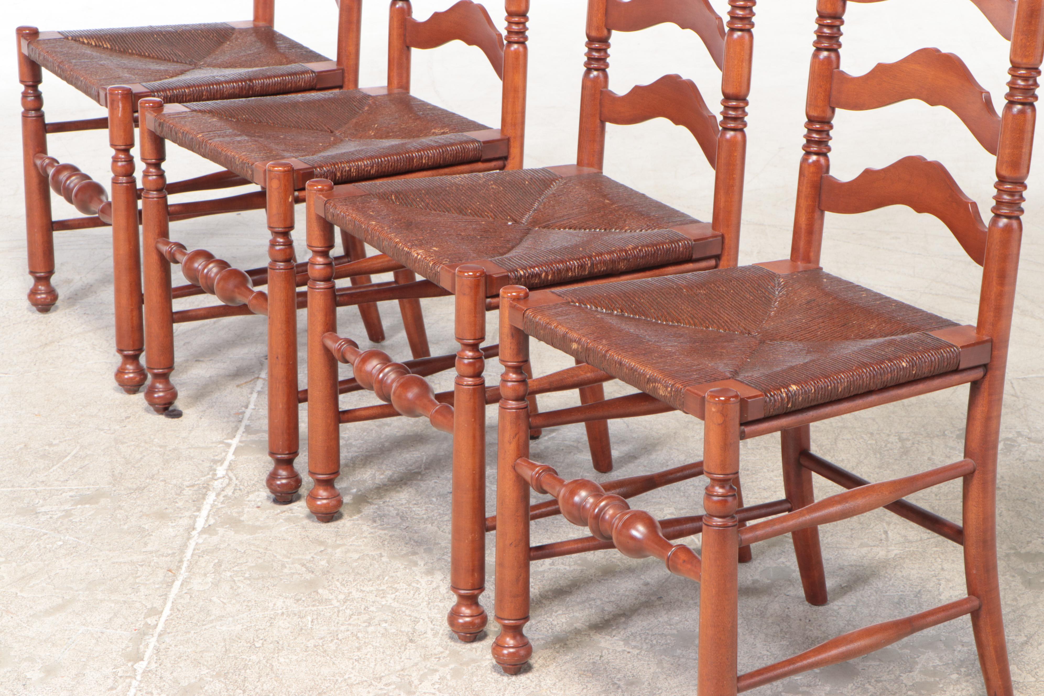 Heywood-Wakefield Cherry Ladder High-Back Rush Seat Dining Chairs, 20th Century
