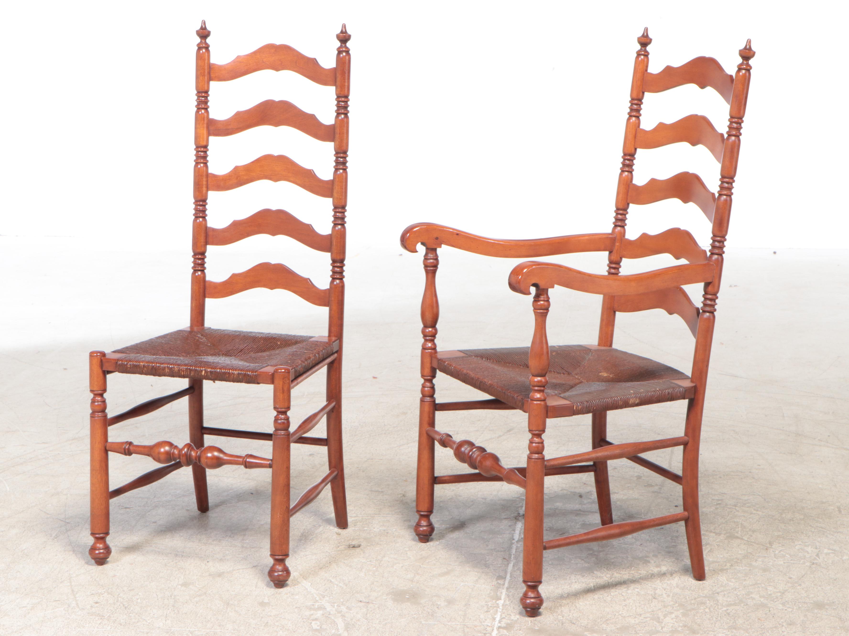 Heywood-Wakefield Cherry Ladder High-Back Rush Seat Dining Chairs, 20th Century