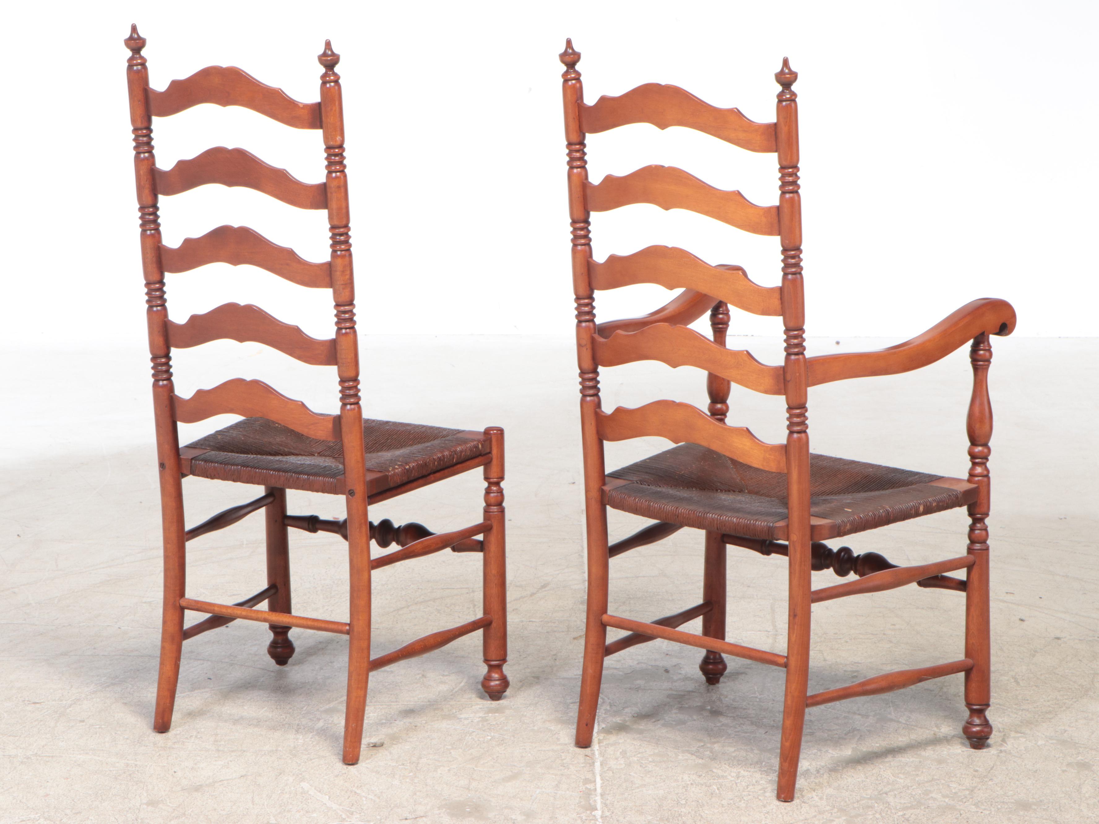 Heywood-Wakefield Cherry Ladder High-Back Rush Seat Dining Chairs, 20th Century
