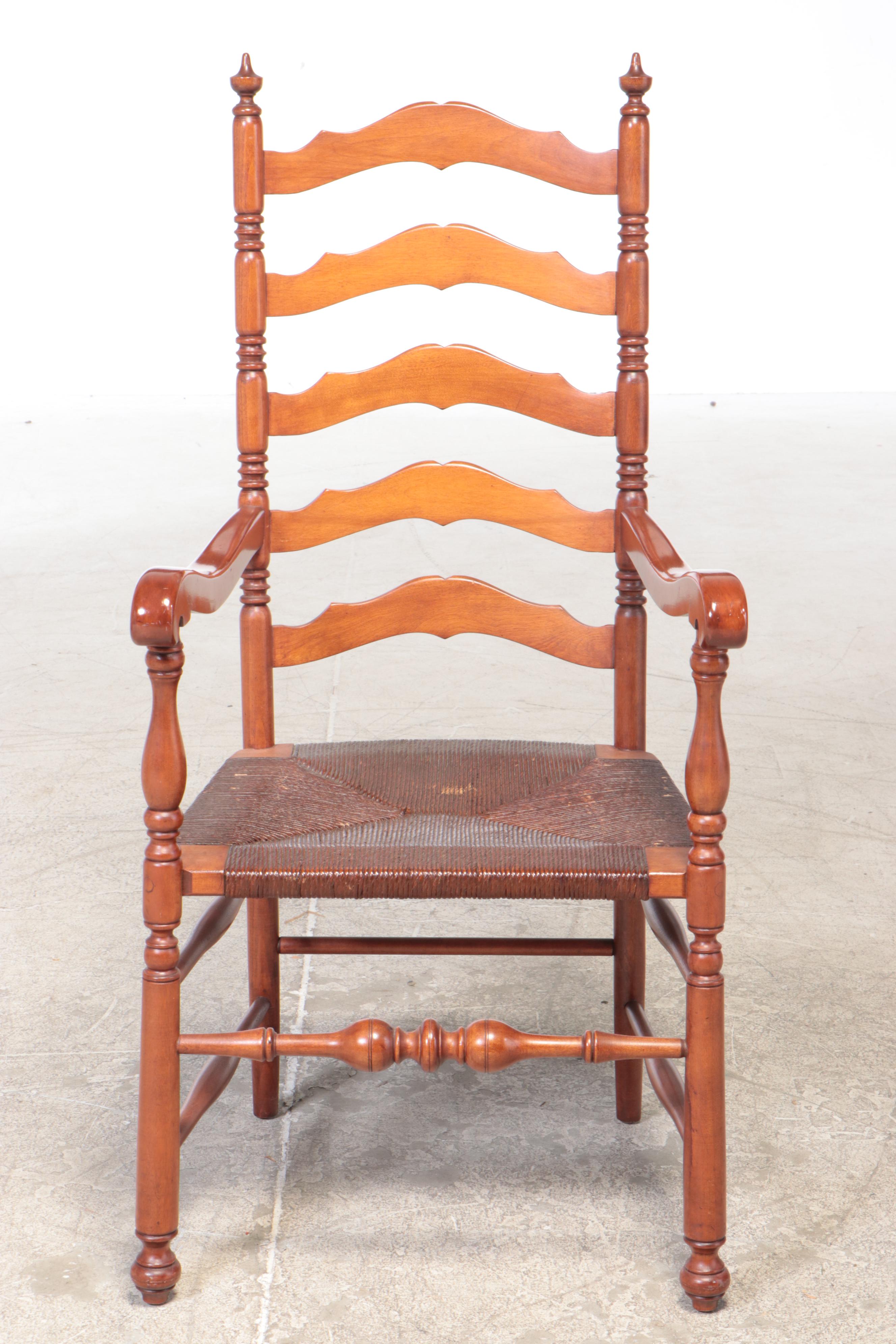 Heywood-Wakefield Cherry Ladder High-Back Rush Seat Dining Chairs, 20th Century