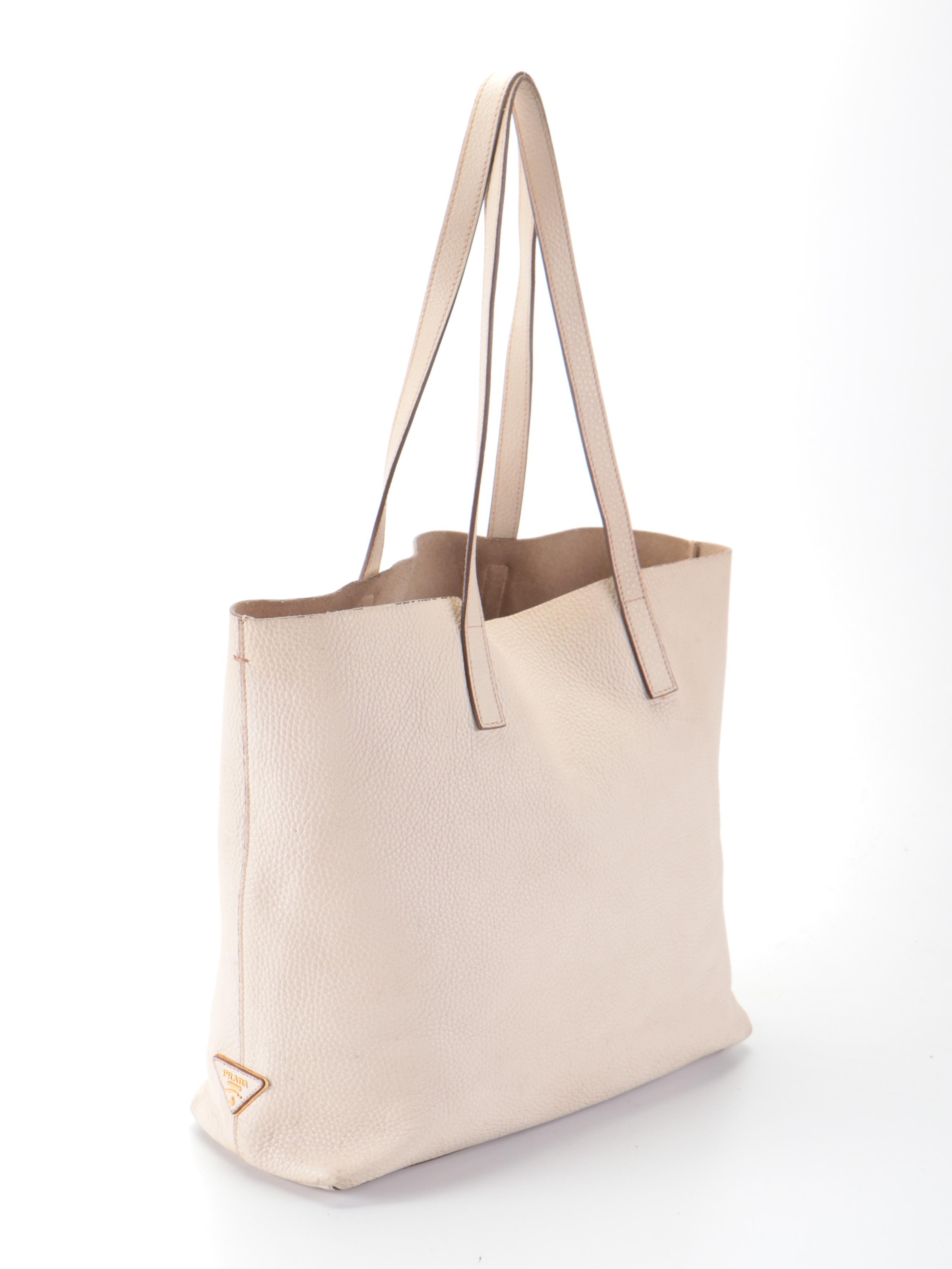 Prada Large Shoulder Tote Bag in Off-White Vitello Daino Leather