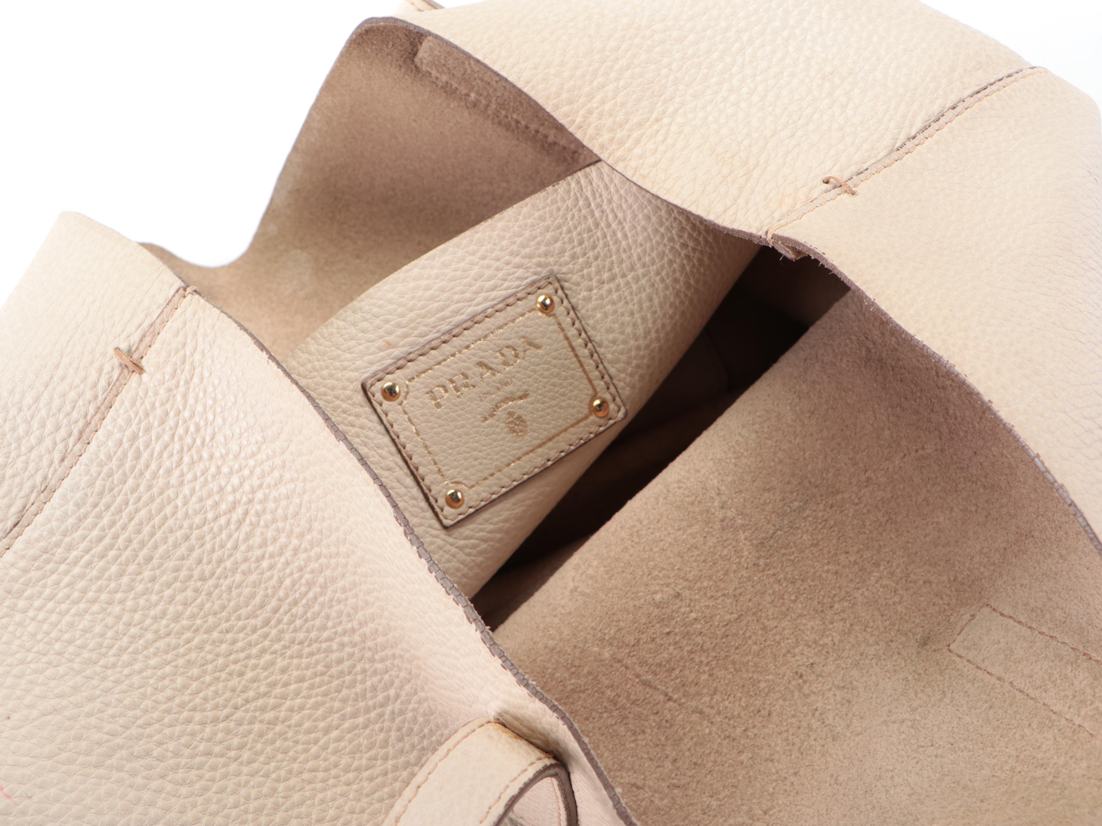 Prada Large Shoulder Tote Bag in Off-White Vitello Daino Leather