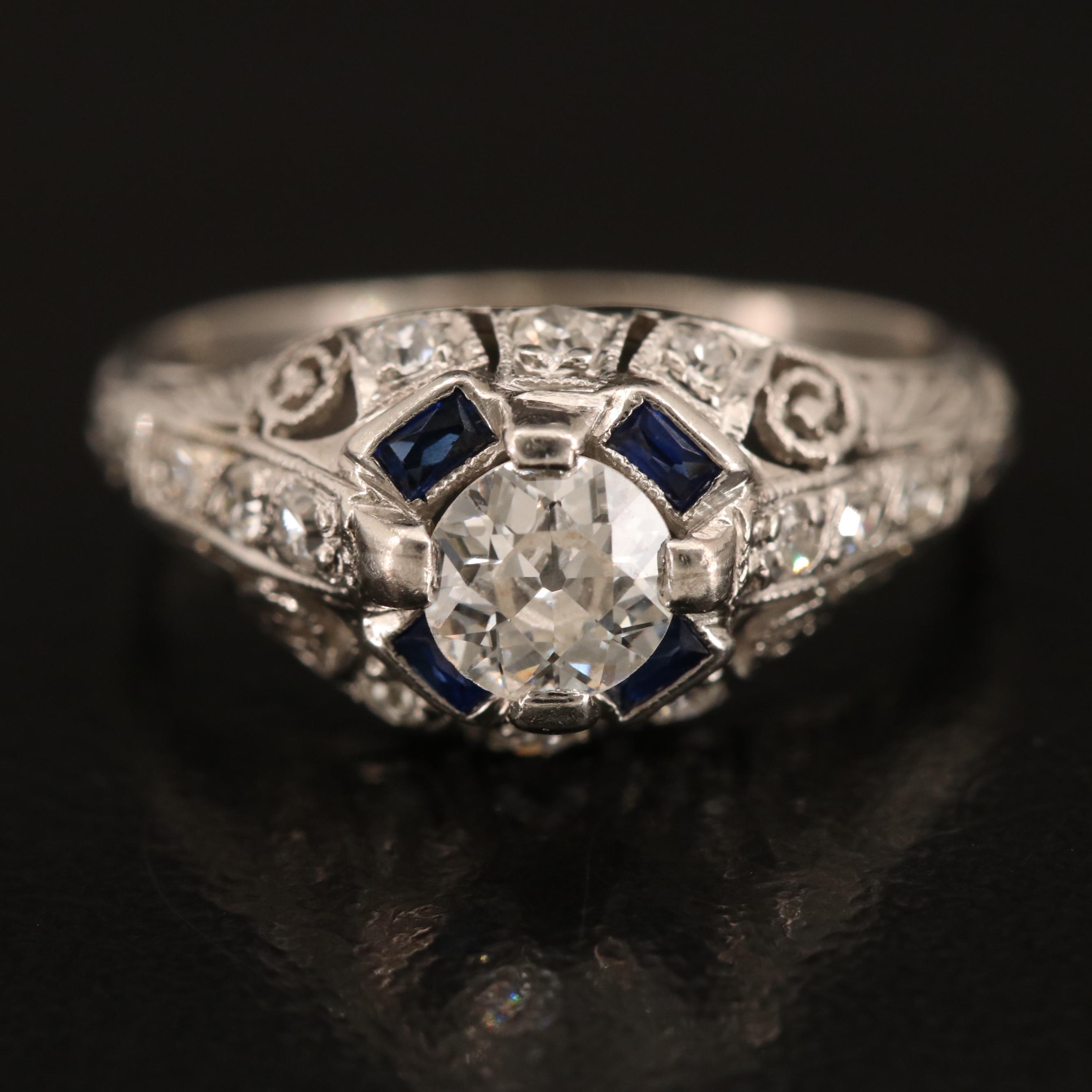 Art Deco Platinum Diamond and Sapphire Ring