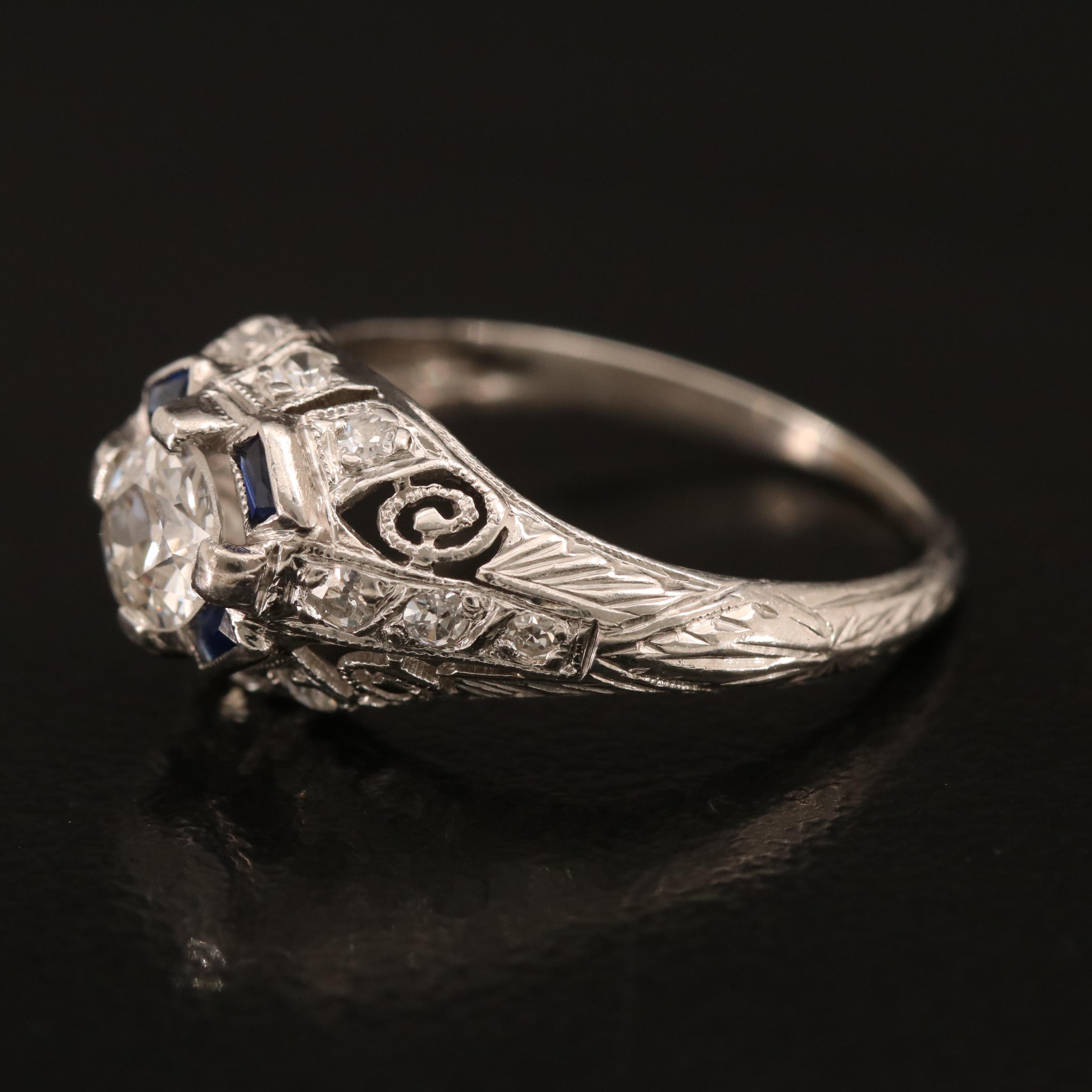 Art Deco Platinum Diamond and Sapphire Ring