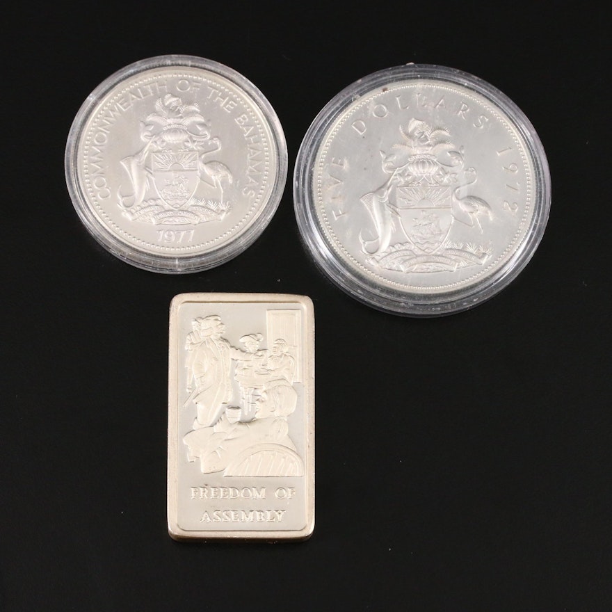 Two Commonwealth of The Bahamas Silver Coins and Silver Ingot