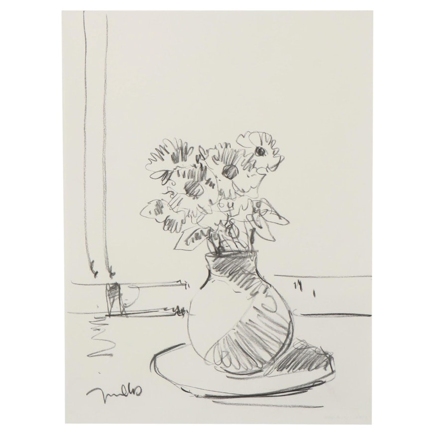 Jose Trujillo Charcoal Drawing "Flowers in a Vase"