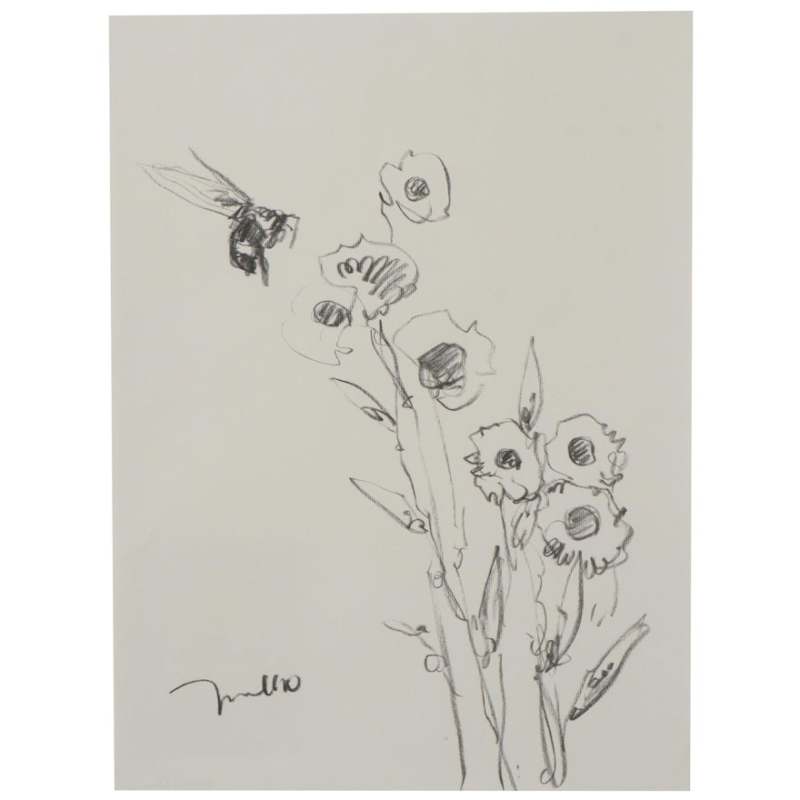 Jose Trujillo Charcoal Drawing "Flowers and Bee"