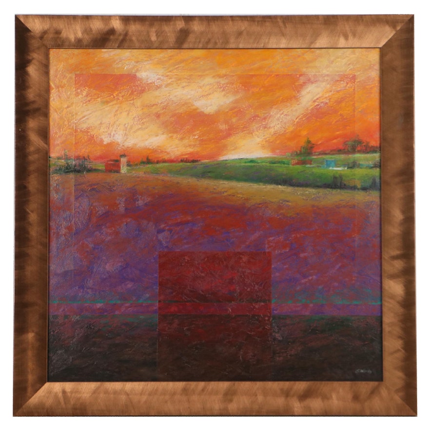 G. Woods Abstract Oil Painting of Field, Late 20th Century