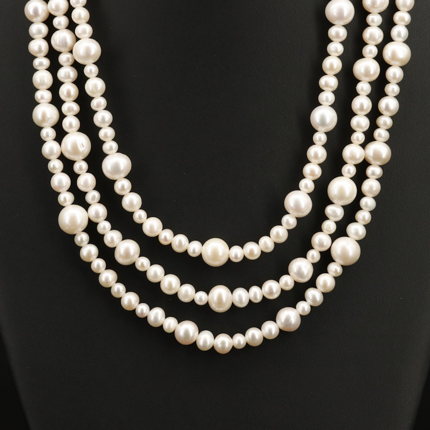 Triple-Strand Pearl Necklace with Sterling Clasp