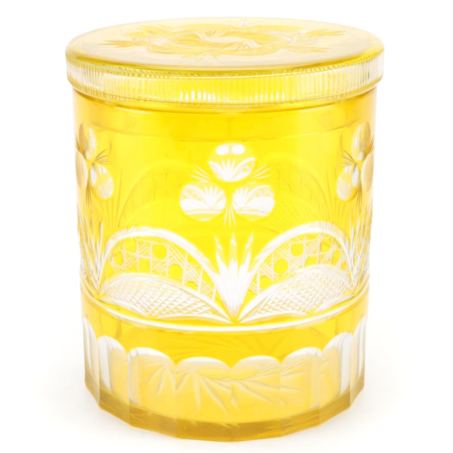 Bohemian Yellow Flashed Cut to Clear Crystal Biscuit Jar