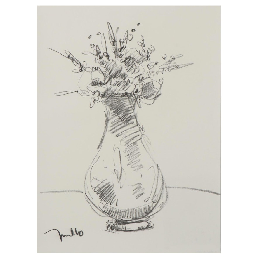 Jose Trujillo Charcoal Drawing "Flowers and Vase"