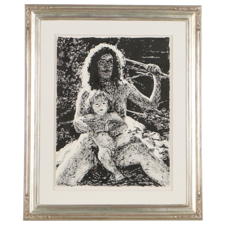 Richard George Ink Drawing of Mother and Child, Late 20th Century