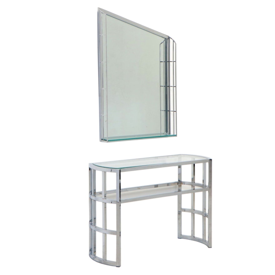 Modernist Style Chrome and Glass Tiered Table and Asymmetrical Chrome Mirror