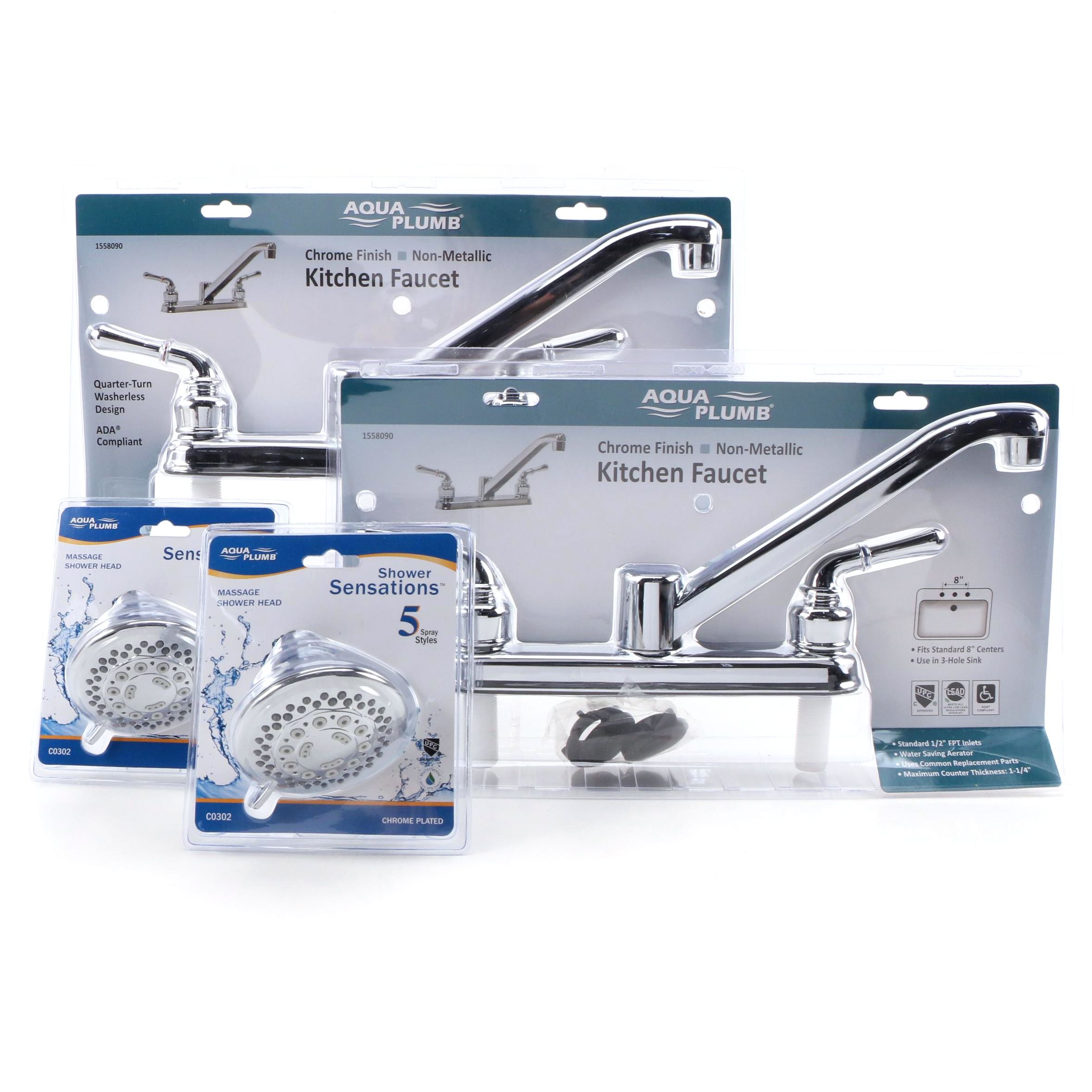 Aqua Plumb Chrome Finished Kitchen Faucets and Massage Showerheads