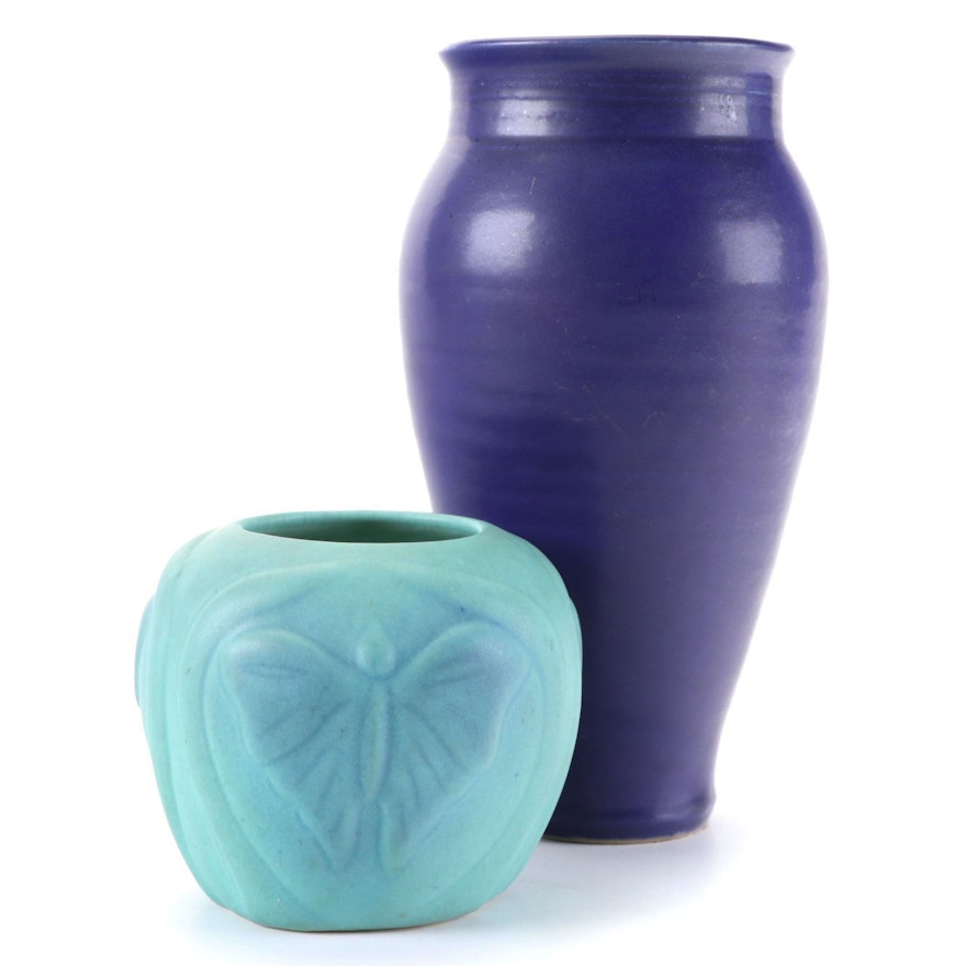 Van Briggle Pottery Craig Stevenson Blue Glazed and Turquoise Butterfly Vases