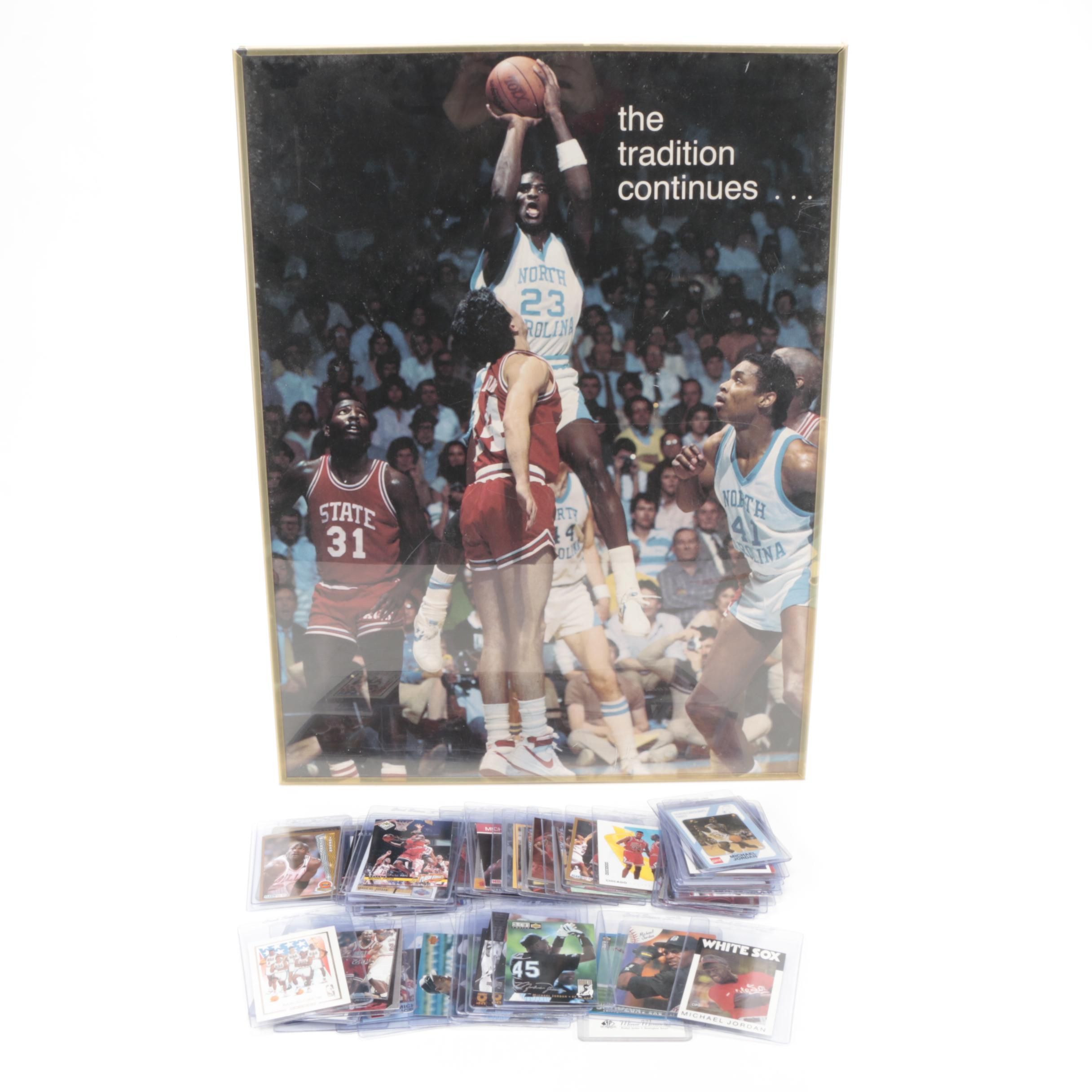 Michael Jordan Poster with Basketball and Baseball Cards