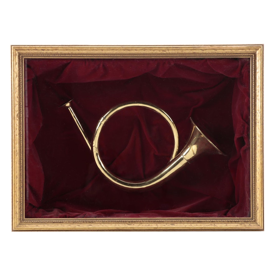 French Brass Hunting Horn Bugle in Wooden Shadow Box