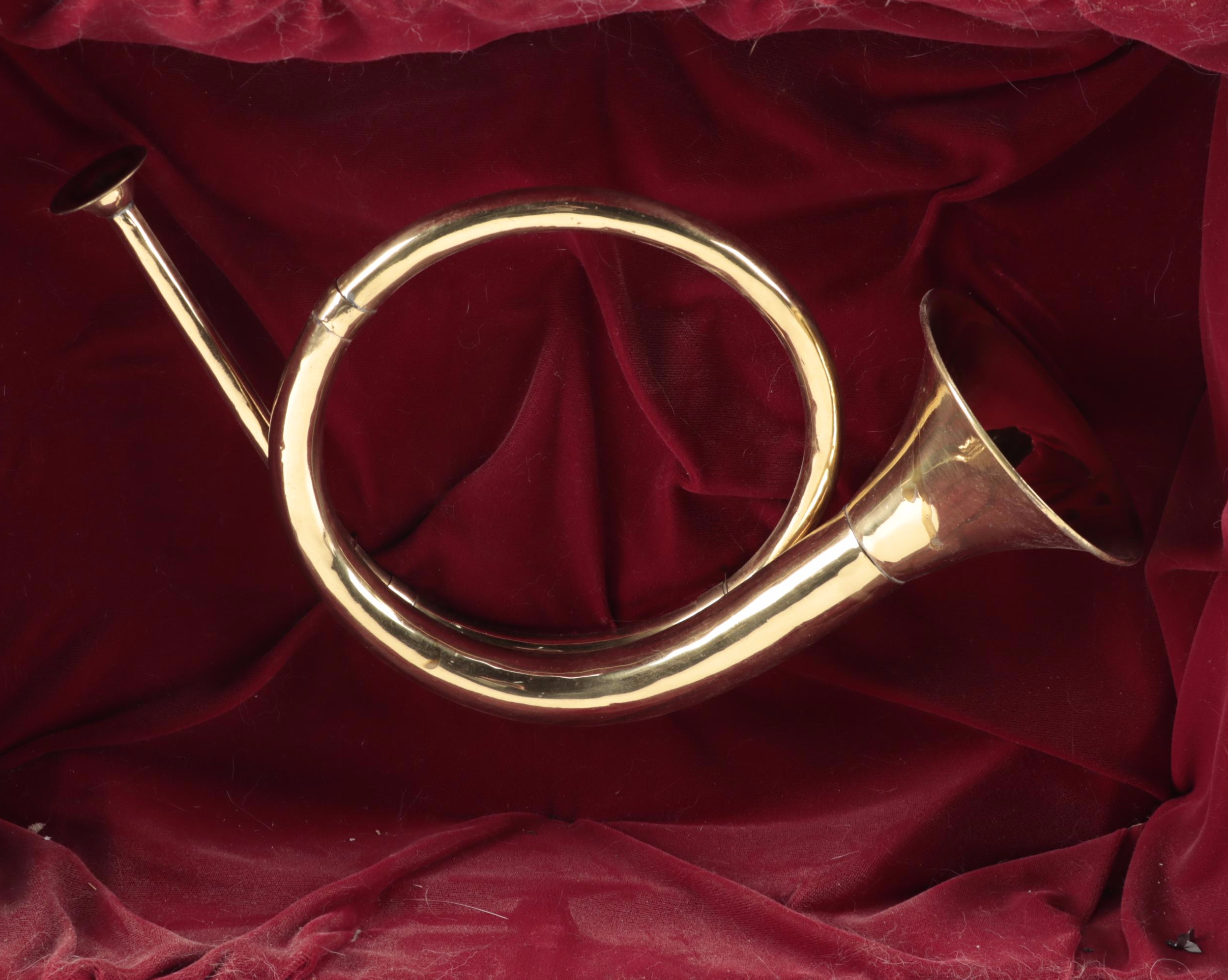 French Brass Hunting Horn Bugle in Wooden Shadow Box