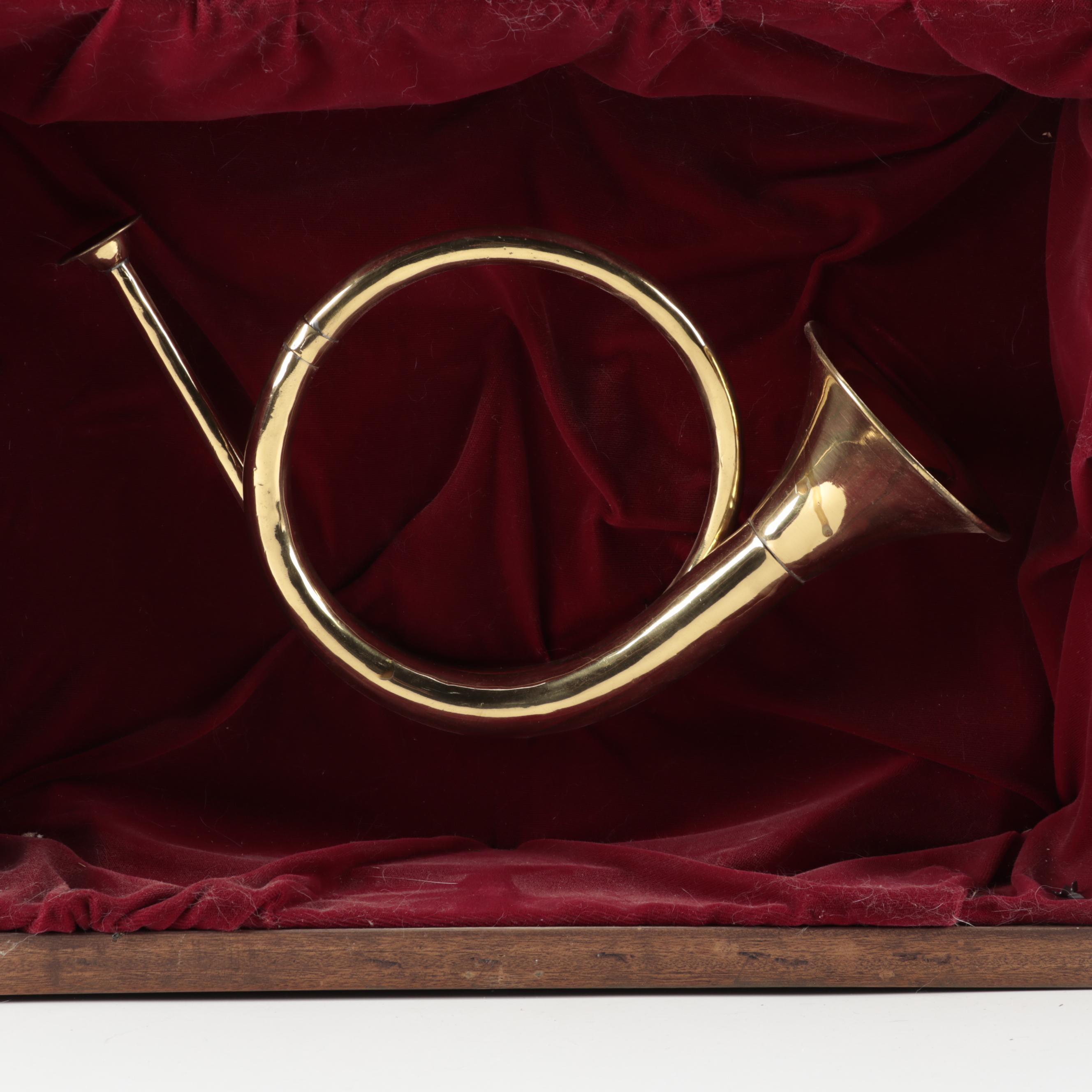 French Brass Hunting Horn Bugle in Wooden Shadow Box