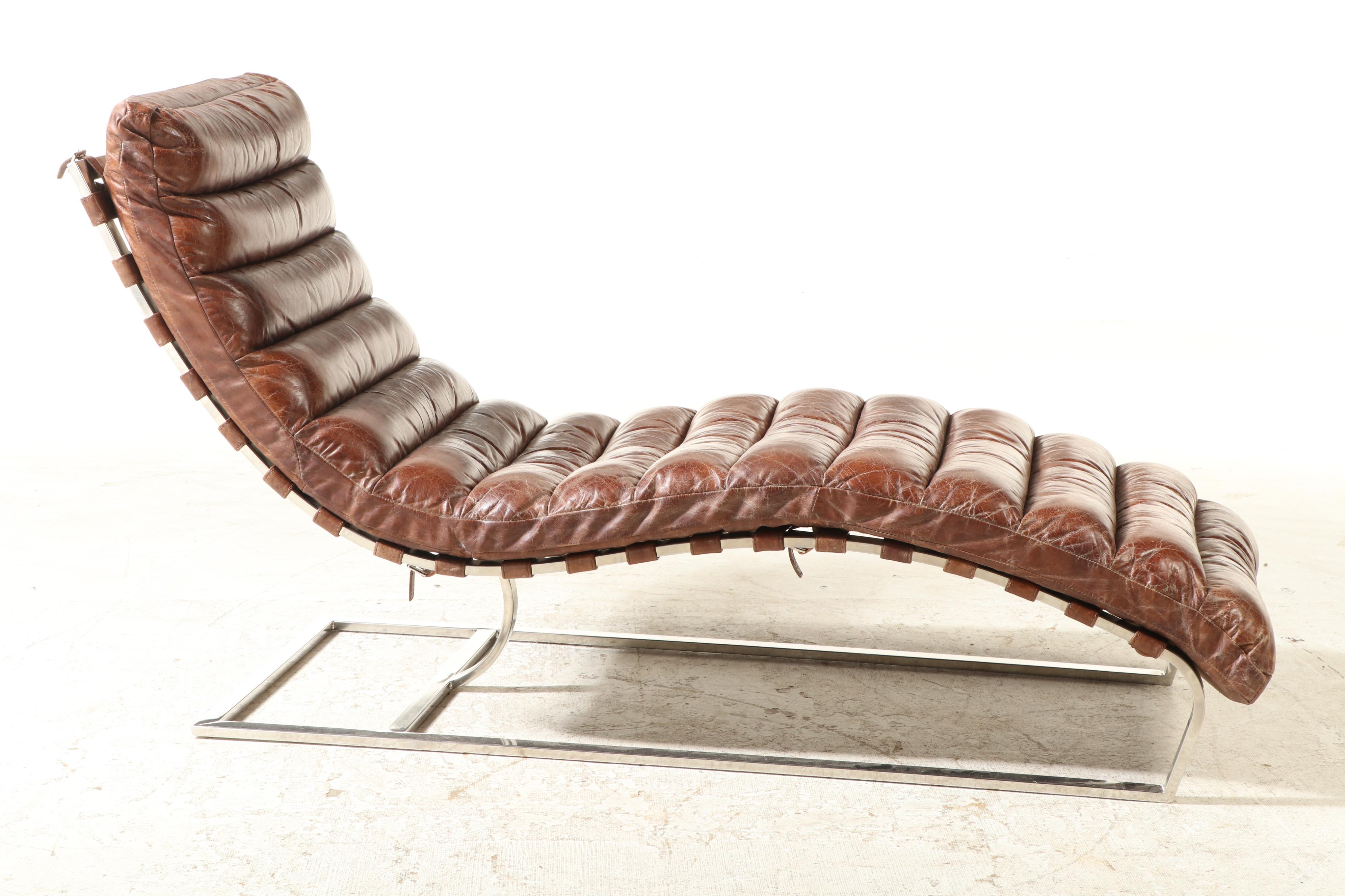 Restoration Hardware "Oviedo" Modernist Style Leather and Chrome Chaise