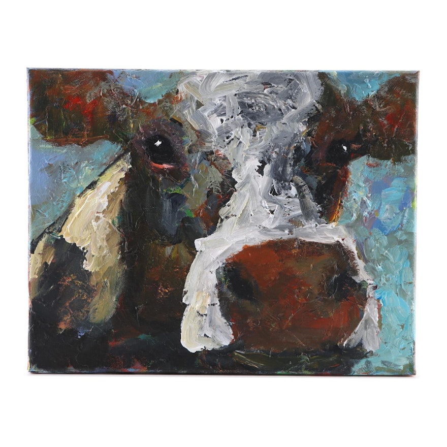 Elle Raines Acrylic Painting of Cow, 21st Century