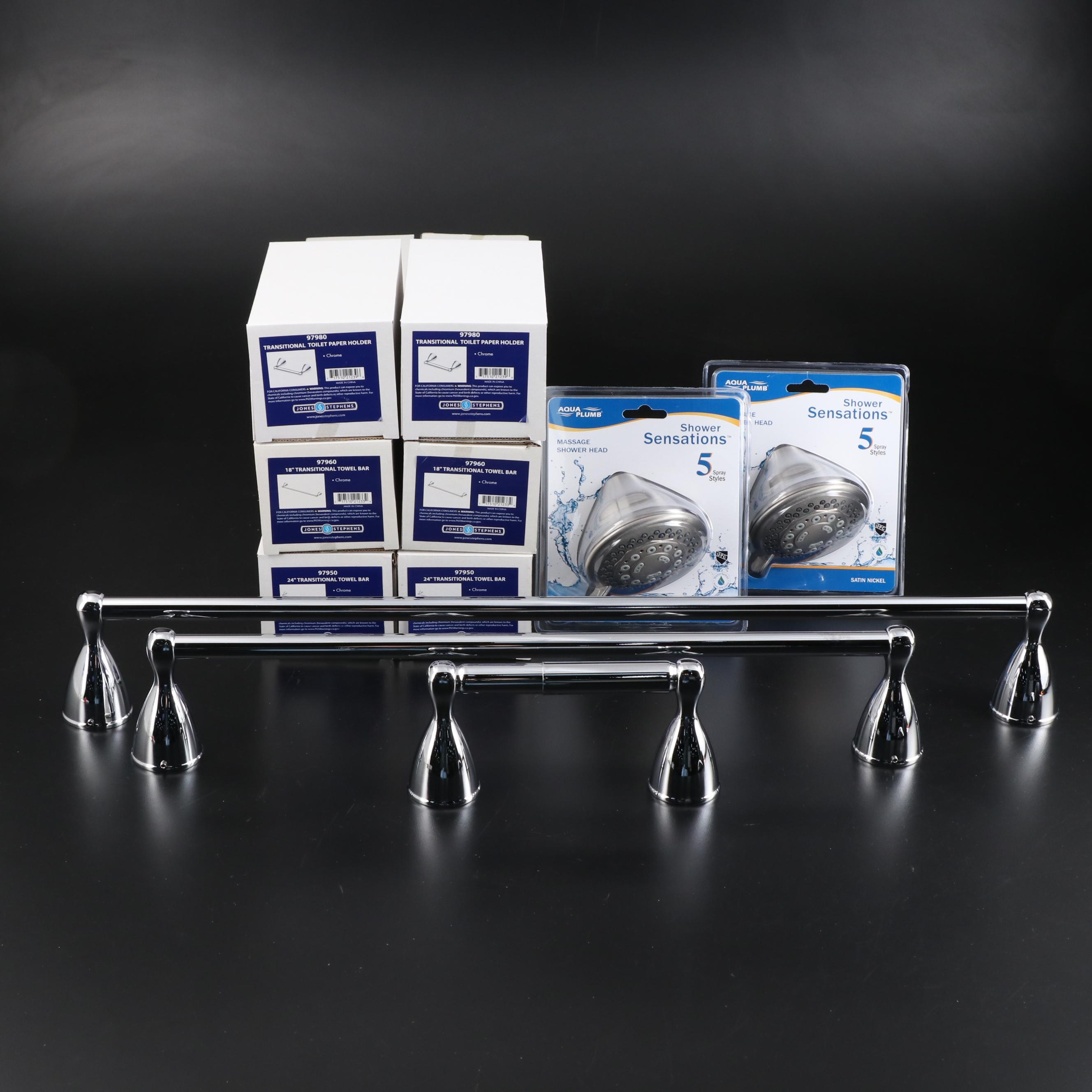 Aqua Plumb Showerheads with Jones Stephens Towel Bars and Toilet Paper Holders