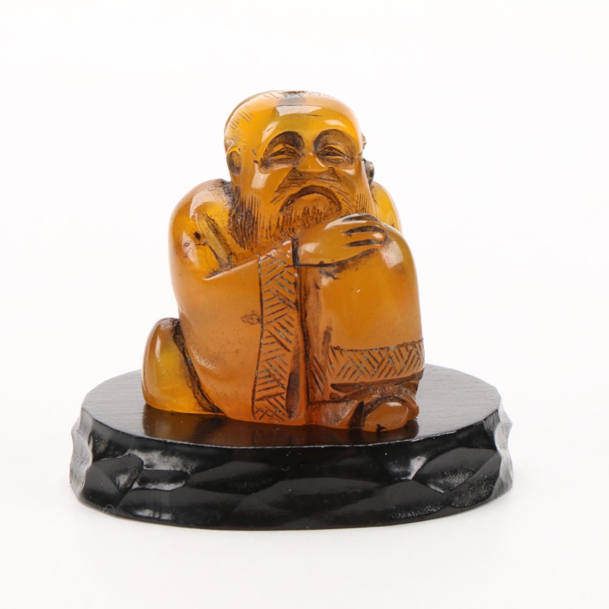 Chinese Resin Wise Man Figurine on Wooden Base