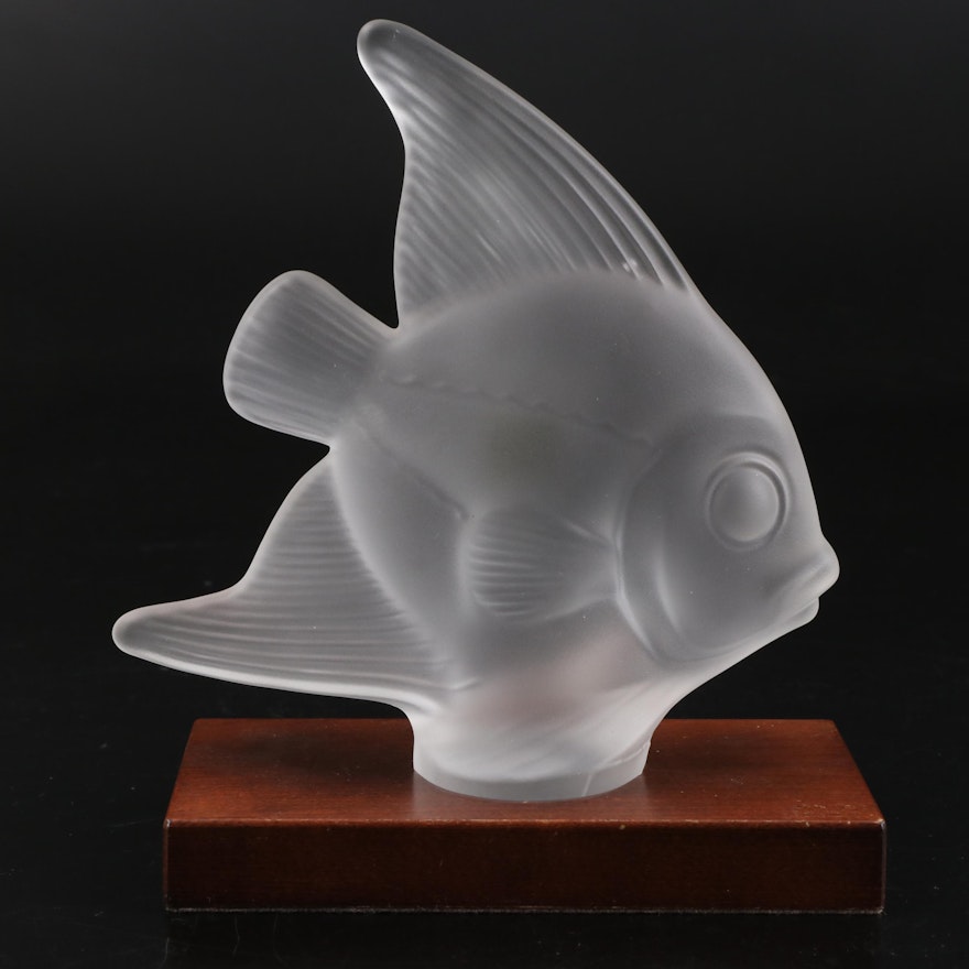 French Frosted Crystal Angelfish Figurine with Wooden Stand