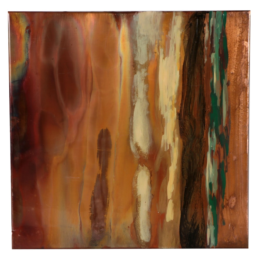 Ken Rausch Abstract Mixed Media Copper Panel "Green Shore," Circa 2000