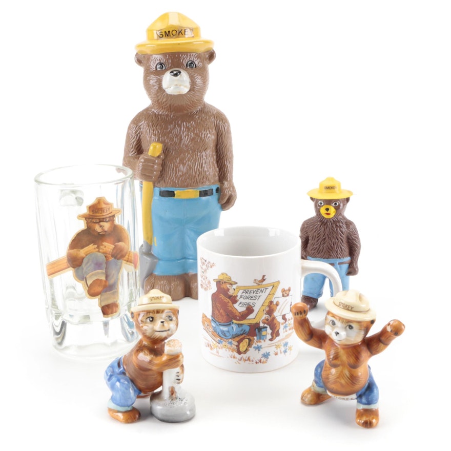 "Smokey The Bear" Glass Mug, Norcrest Figurines, Coffee Cup, Coin Bank, 1970s