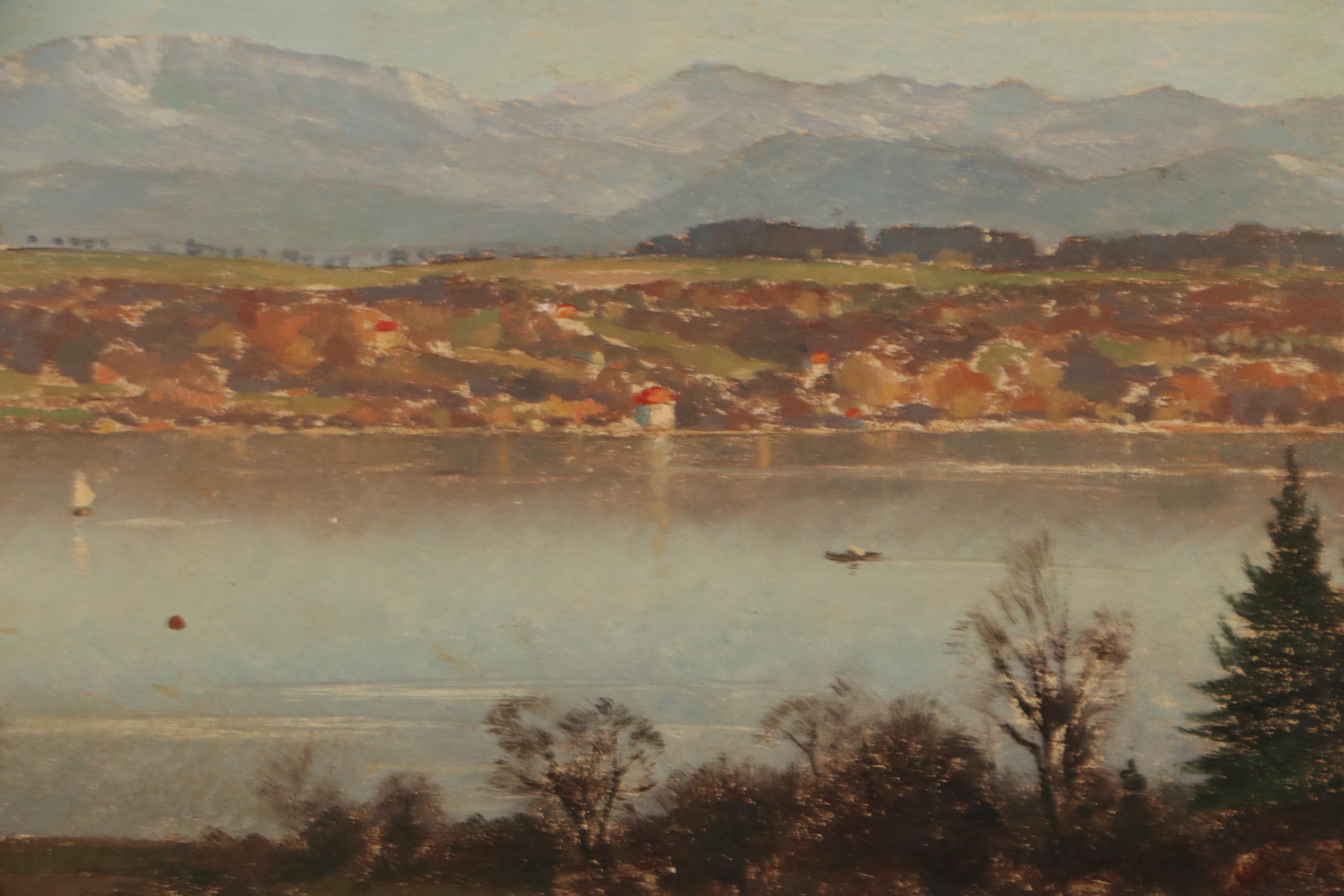 Landscape Oil Painting of Mountains and River, Mid to Late 20th Century